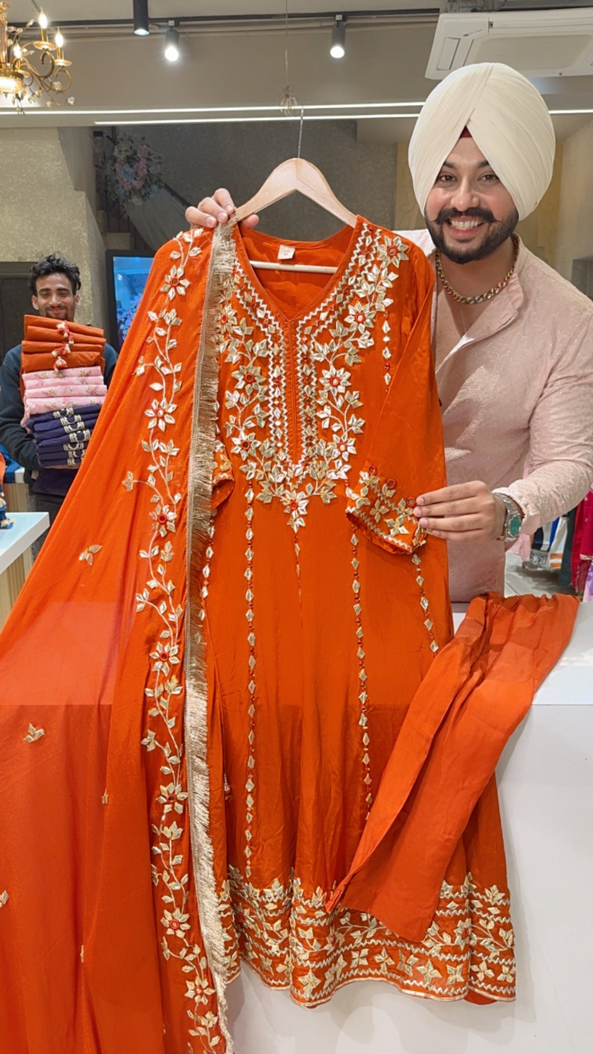 Rusty orange premium Chinon Heavy Gotta & Mirror Work Party Wear Anarkali Suit with Beautiful Kiran Lace Gotta Work Duppata
