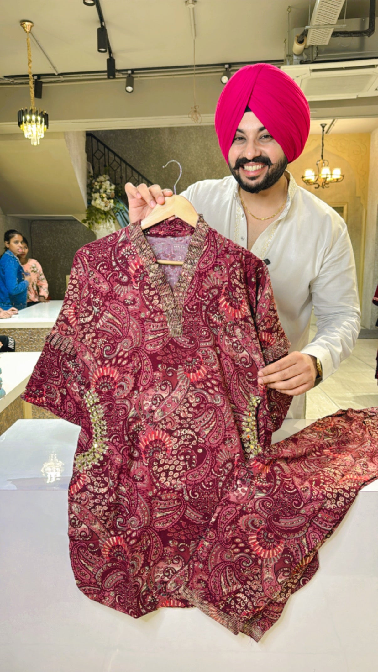 Maroonish Wine Rayon Kalamkari Print Apple Cut Pathani Coordset with Real mirror work on pockets
