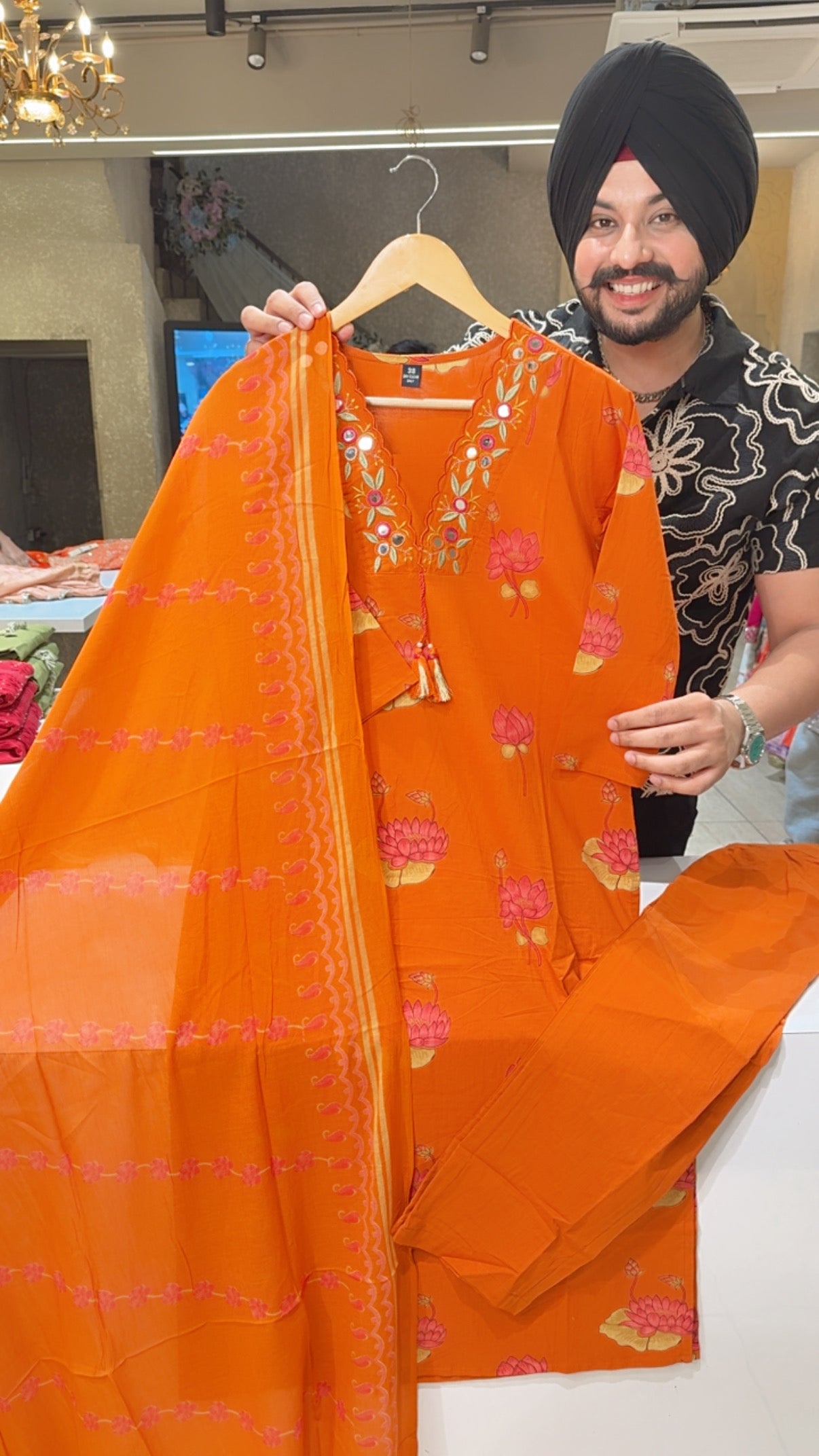 Orange pure Cotton Floral Print Office wear suit with Beautiful Embroidery Work on neck