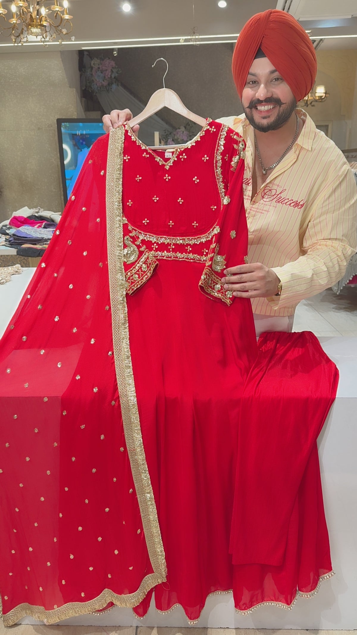 Red Chinon Duck Hand embroidered Party Wear Anarkali Suit