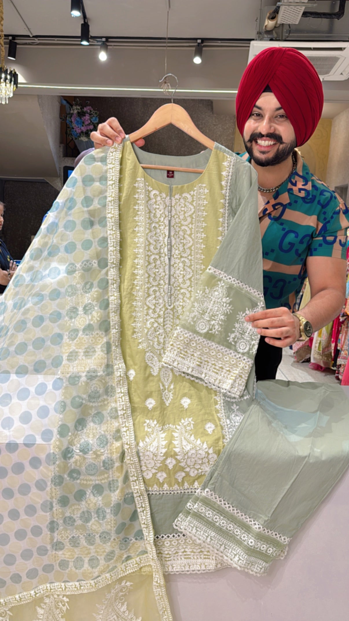 Olive Green Cotton Heavy Embroidered Kashmiri Suit with Beautiful Embroidered Duppata