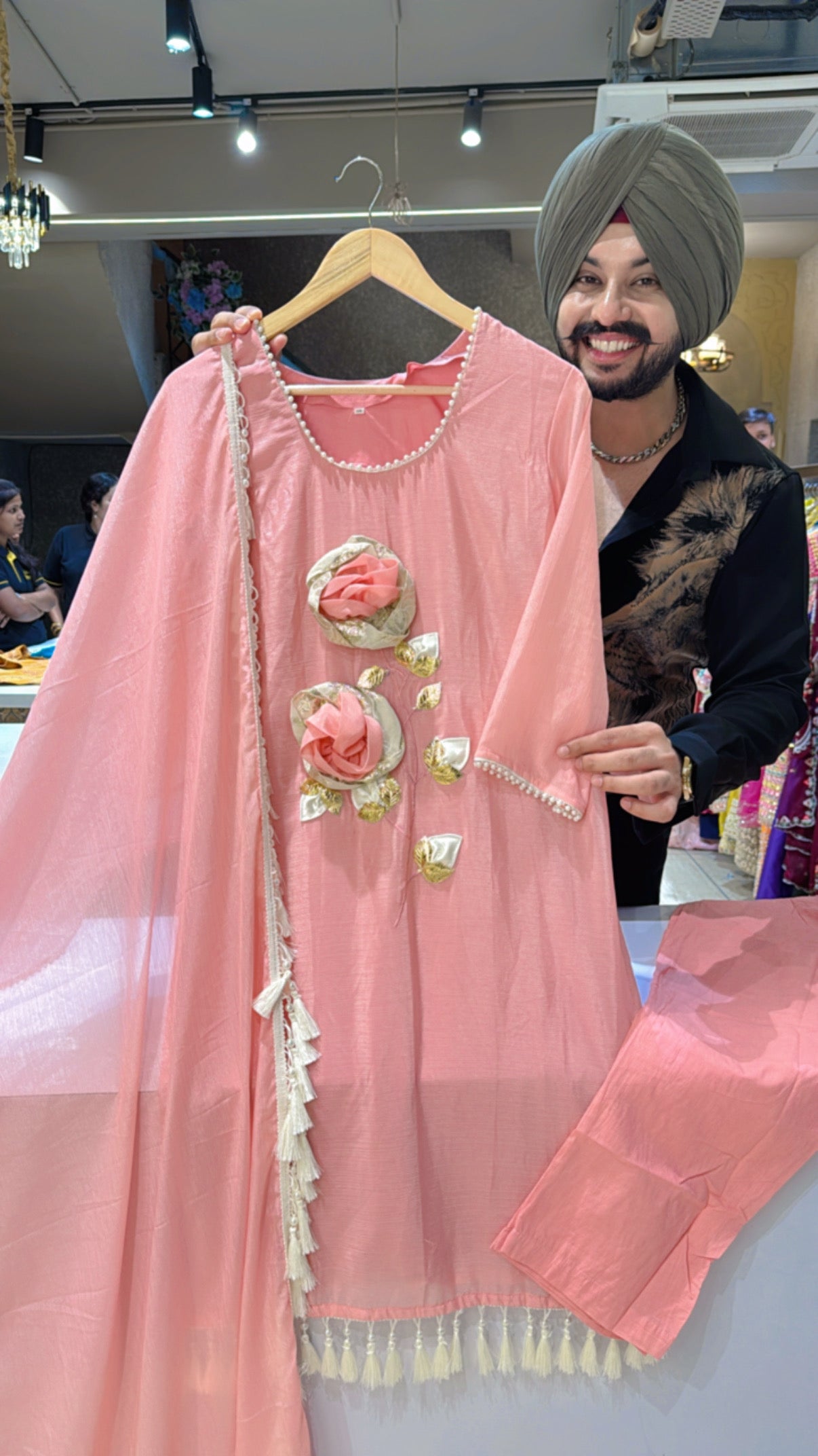 Pastel pink Chinon Rose Hand Patch work Straight Suit with Beautiful Lace on Sleek Dupppata
