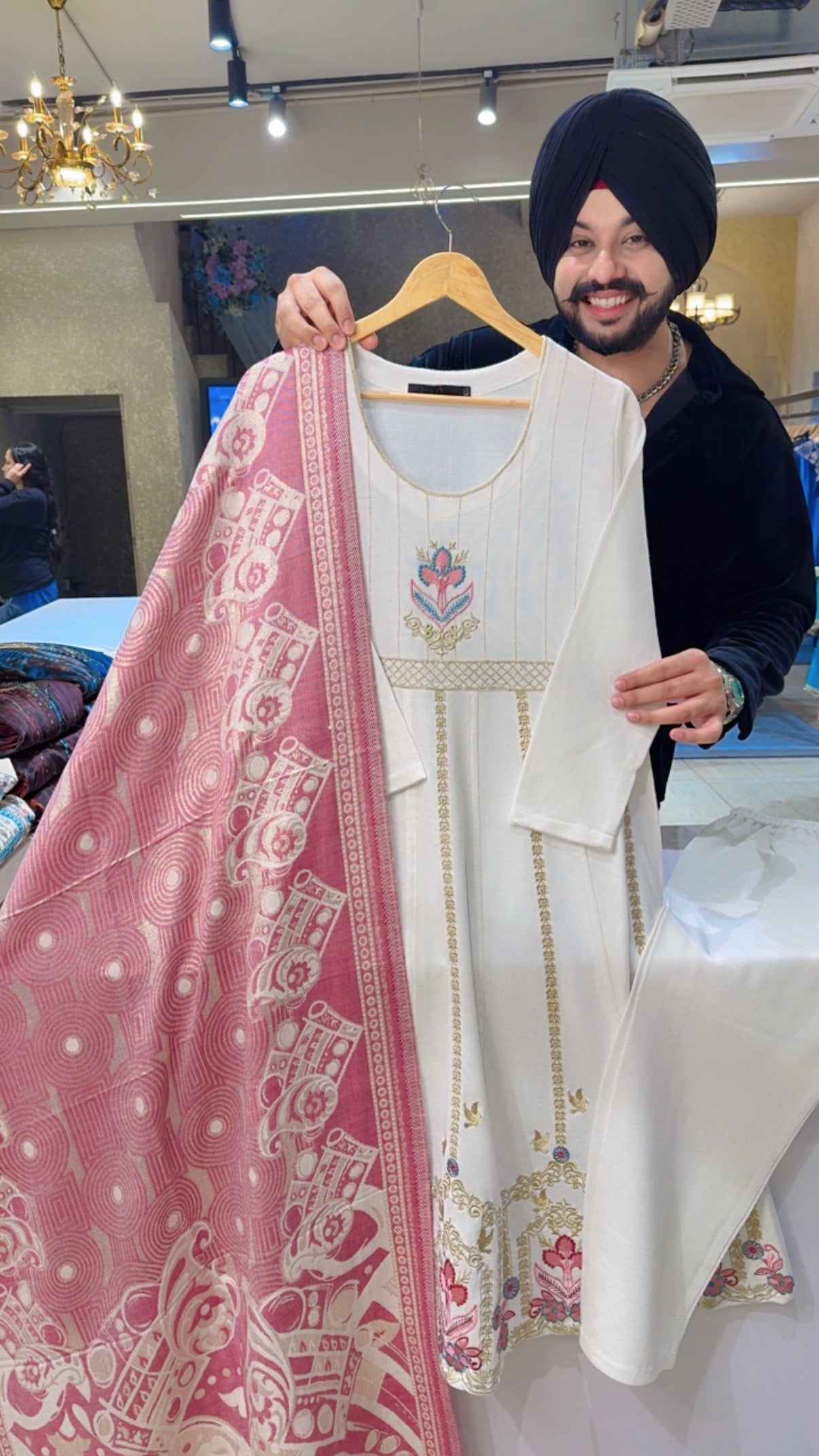 Off White & Pink soft Woolen heavy Embroidered Anarkali Suit with Beautiful Shimmer Woolen Duppata