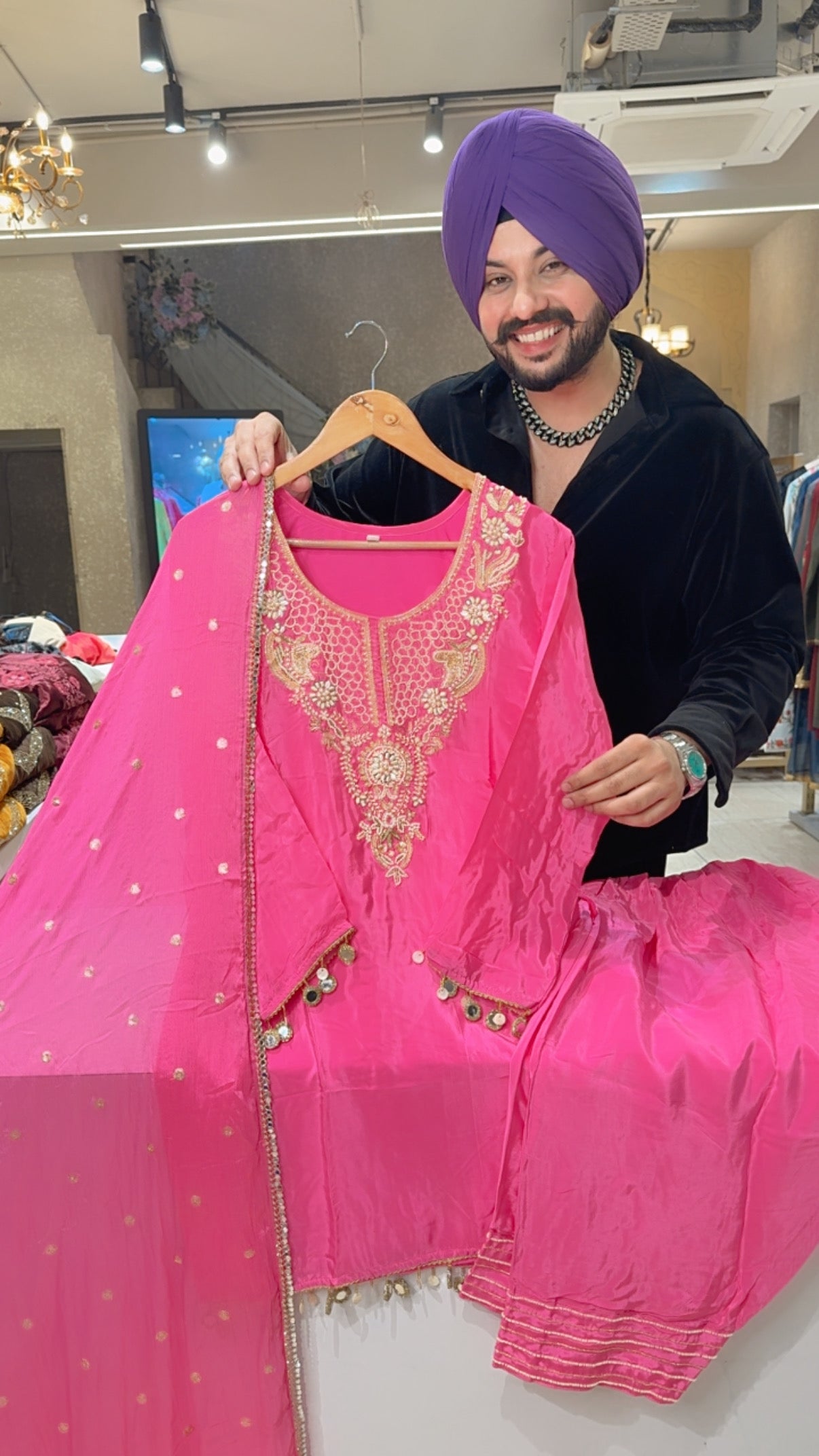 Pink Pearl Hand Embroidered Crepe Farshi Salwar Suit with Beautiful Duppata