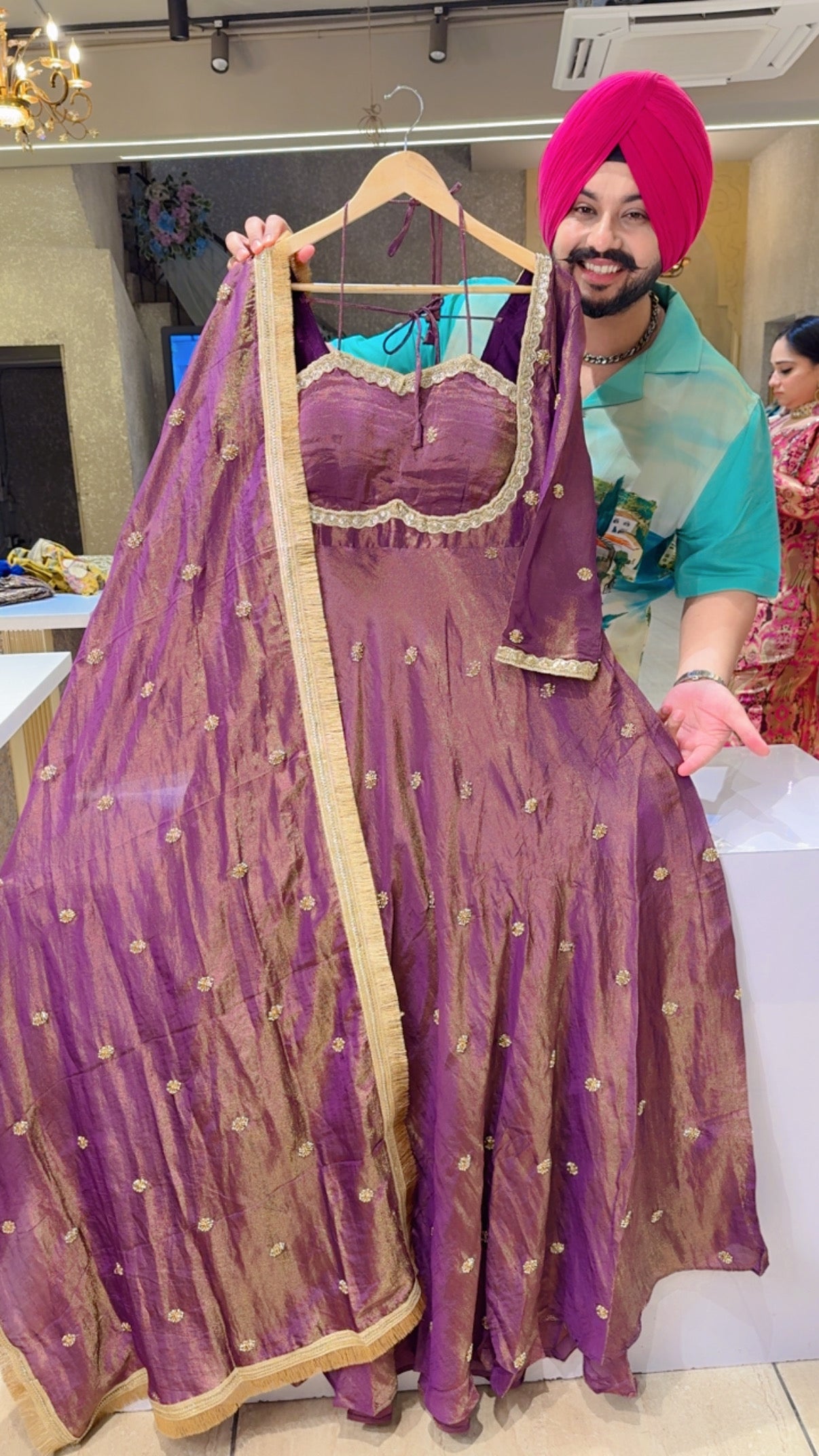 Purple Shimmer Silk Designer Neck Semi Backless Padded Anarkali Gown With Hand embroidery Work all Over