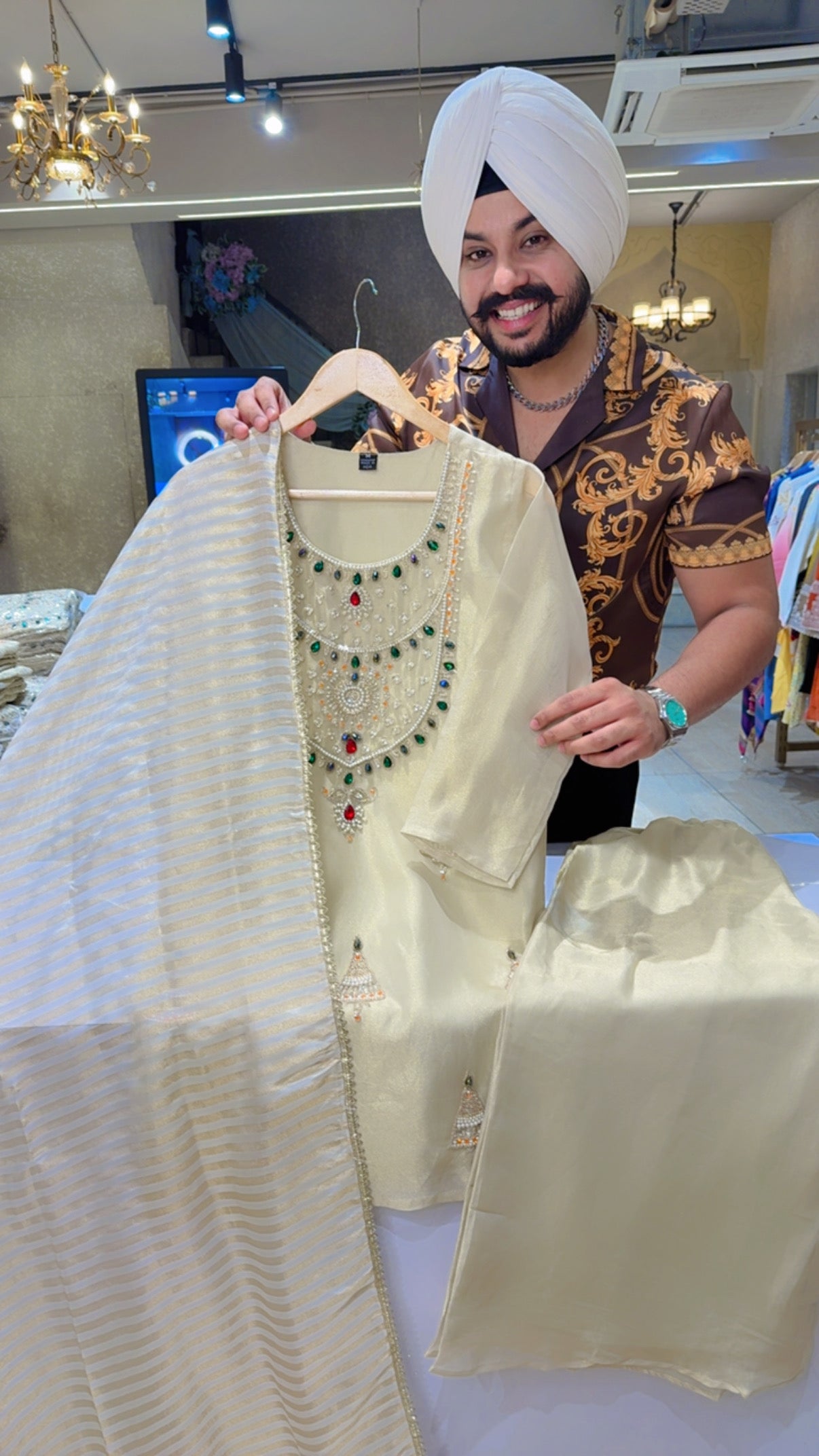 Ivory Shimmer Silk Kundan Hand work Party wear Royal Suit