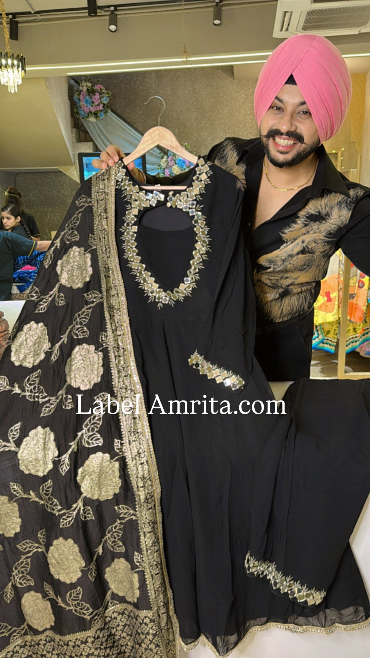 Black Georgette Heavy Mirror work Designer neck Anarkali Suit with Beautiful Banarasi look Duppata