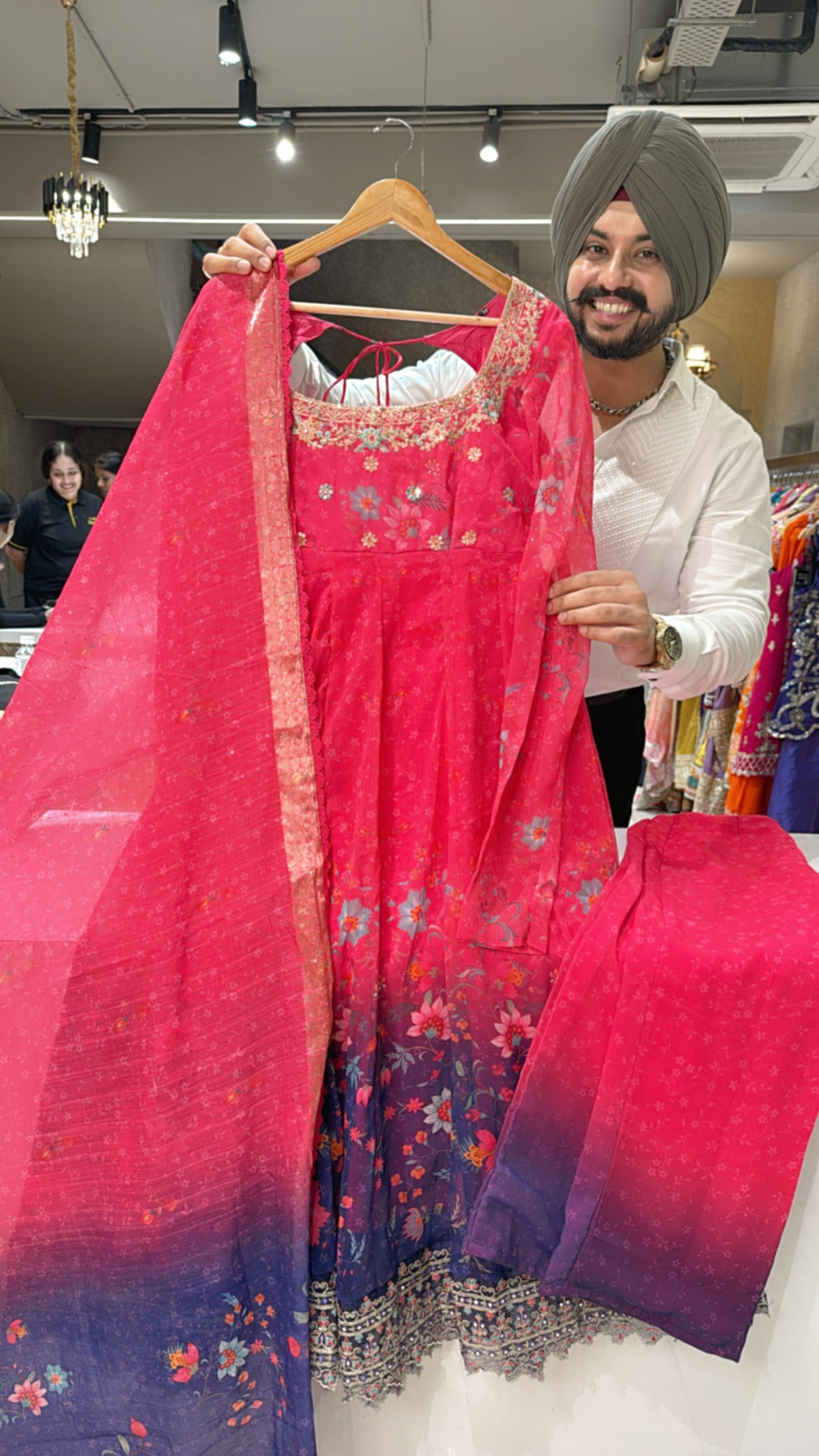 Hot Pink Shimmer Georgette Designer Backless Anarkali suit with Beautiful Duppata