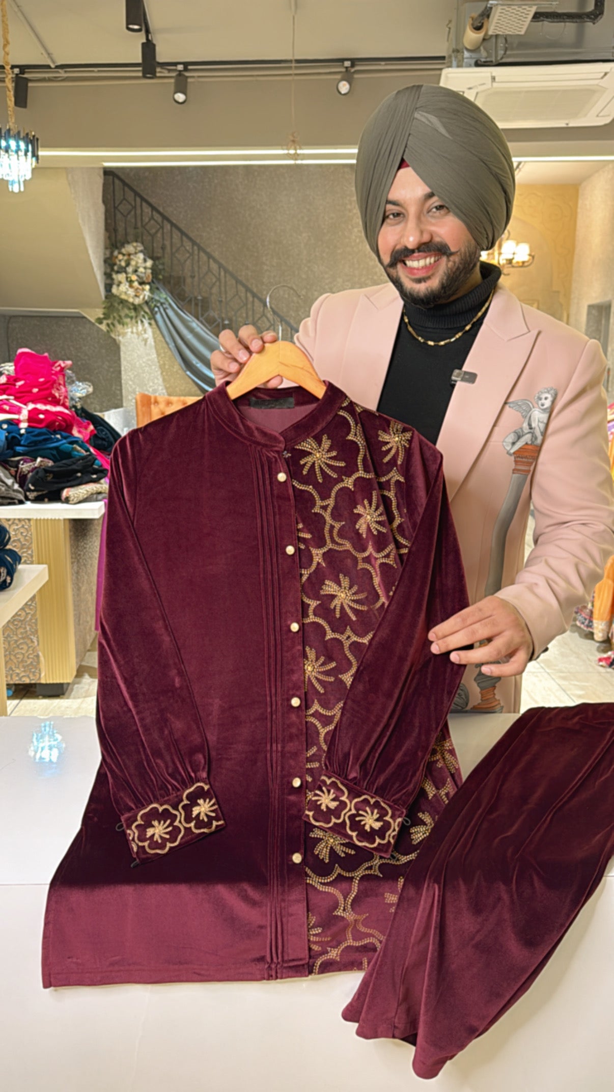 Winish Maroon premium Strechable puff sleeves Velvet Coord set