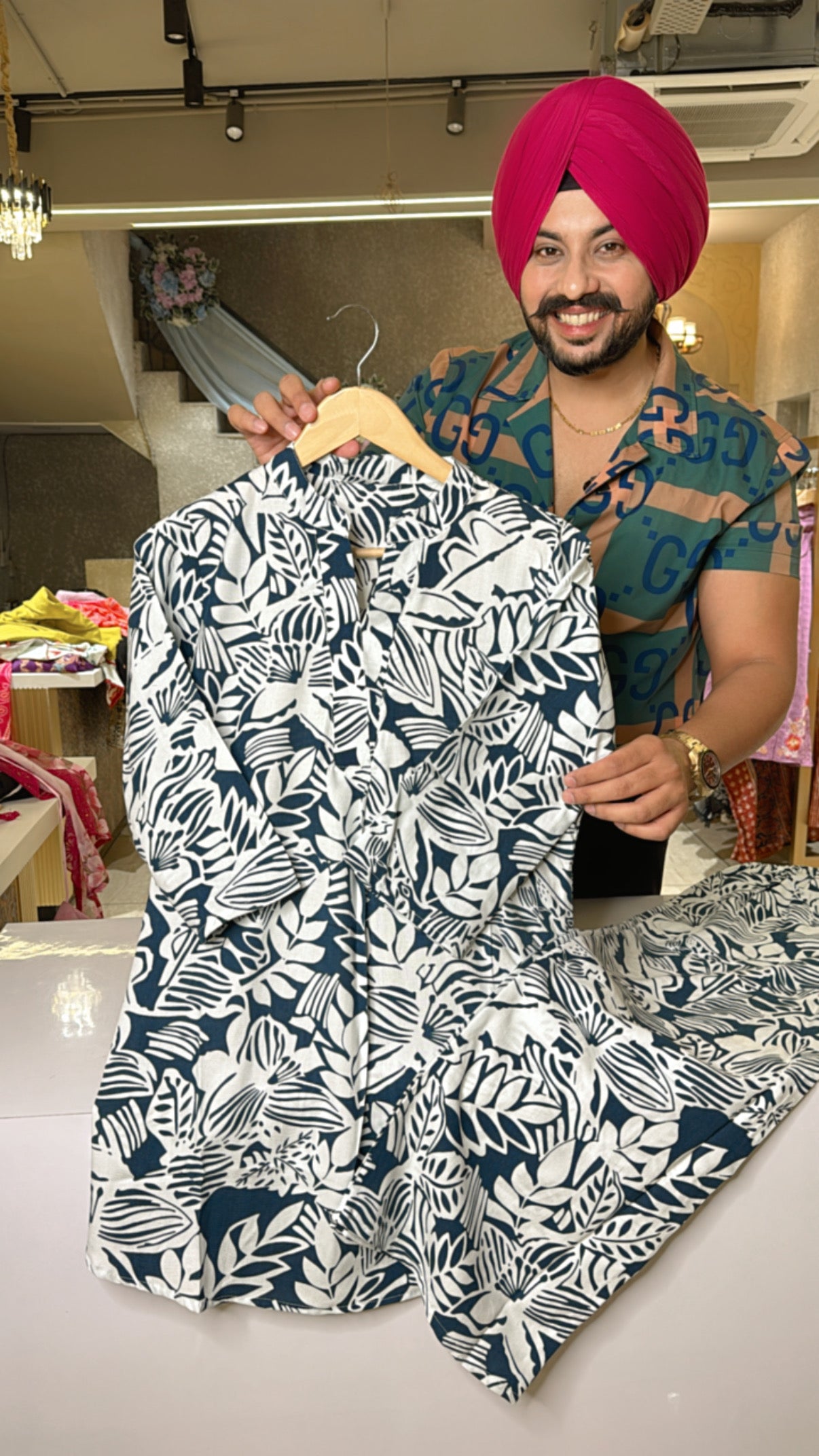 White & blue Leaf Print Rayon Airport Look Coordset