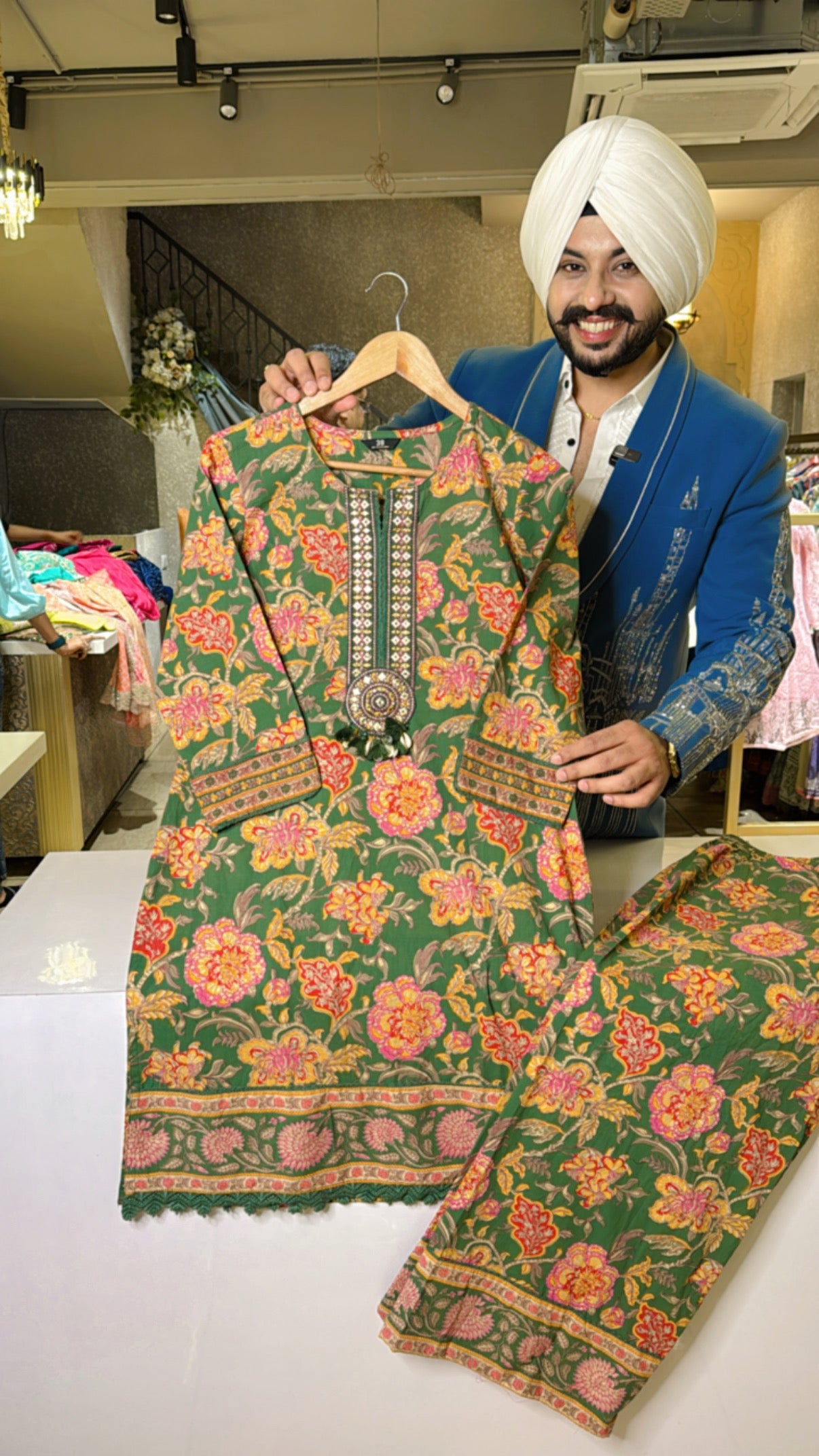 Green Pure Cotton Office Wear Plazo Coord set with Beautiful Embroidery work on neck