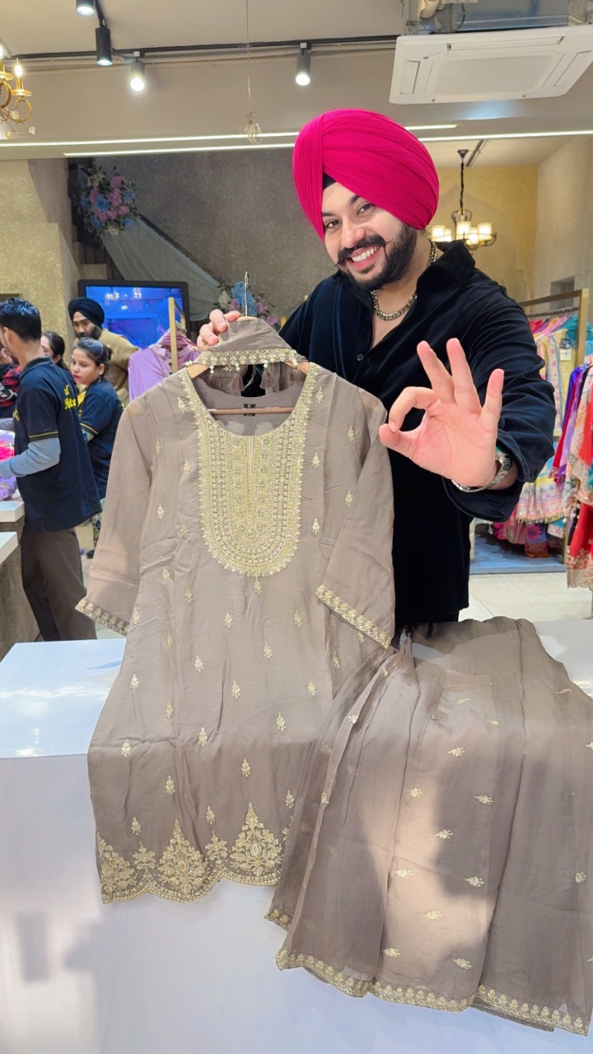 Nude Grey Soft Organza Heavy Embroidered Light Weight Garara set with Stylish Necklace Duppata