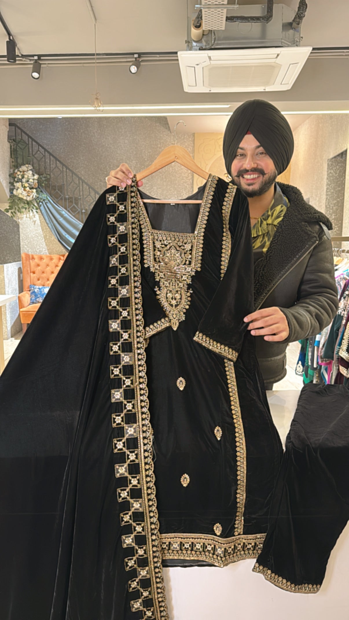 Black square neck Velvet embroidered Suit