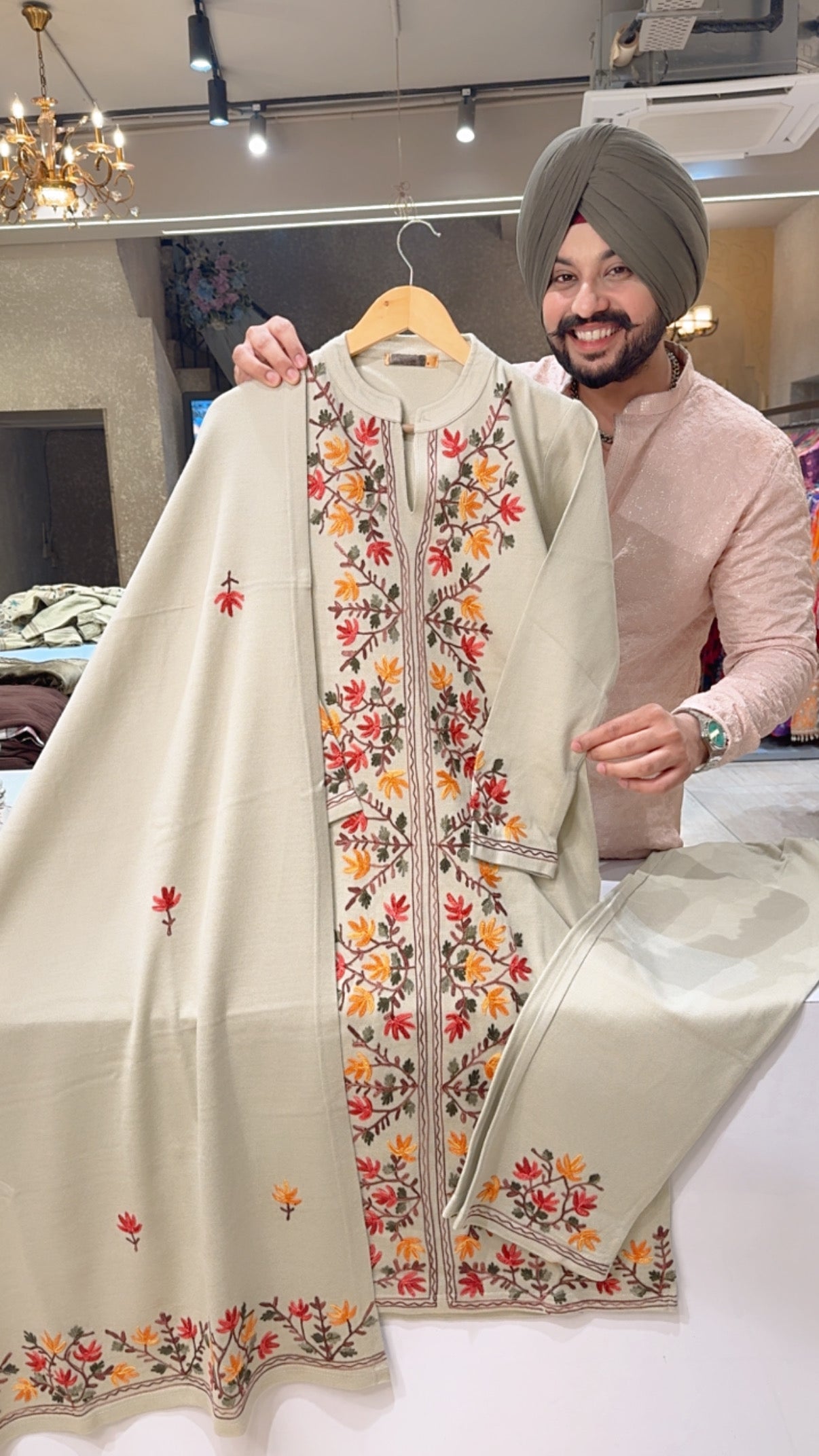 Light Beige Woolen Heavy Kashmiri Embroidered Party Wear Straight Suit with Beautiful Duppata