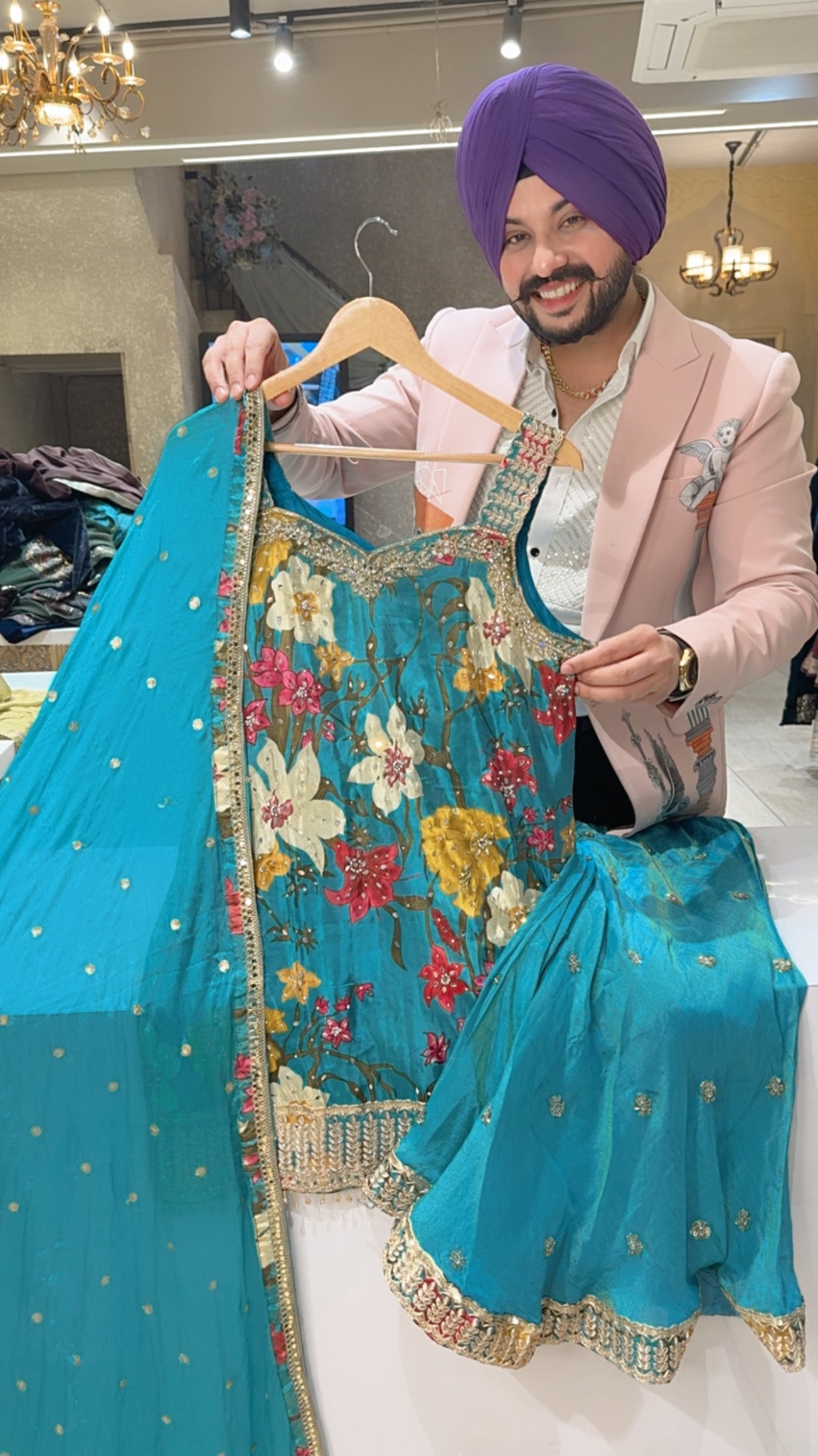 Light Firozi Floral Print party Wear Bell Bottom Suit with Beautiful Sequins Work Duppata