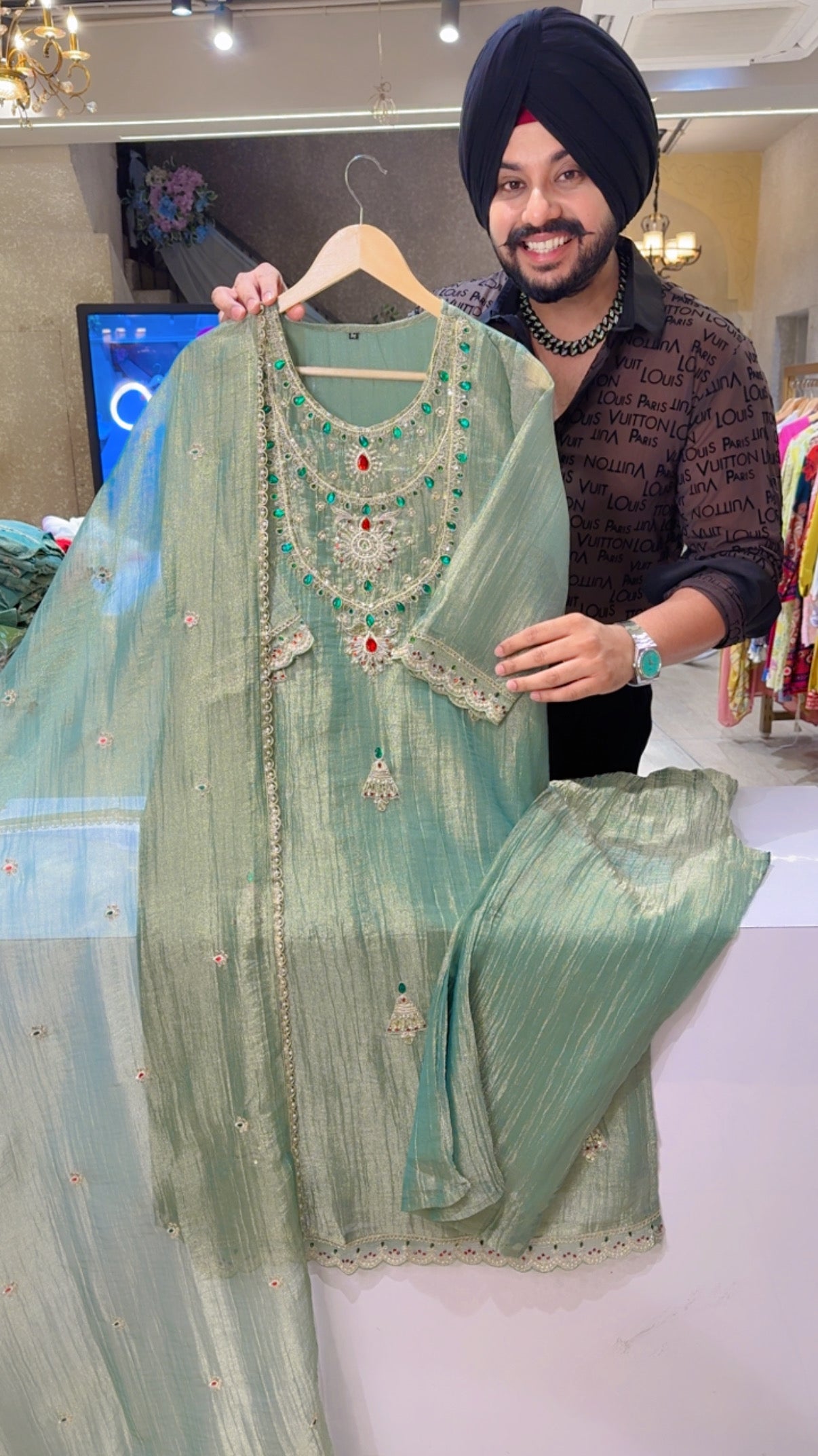 Sea Green Crush Shimmer Tissue Stone Hand embroidered Party Wear Suit