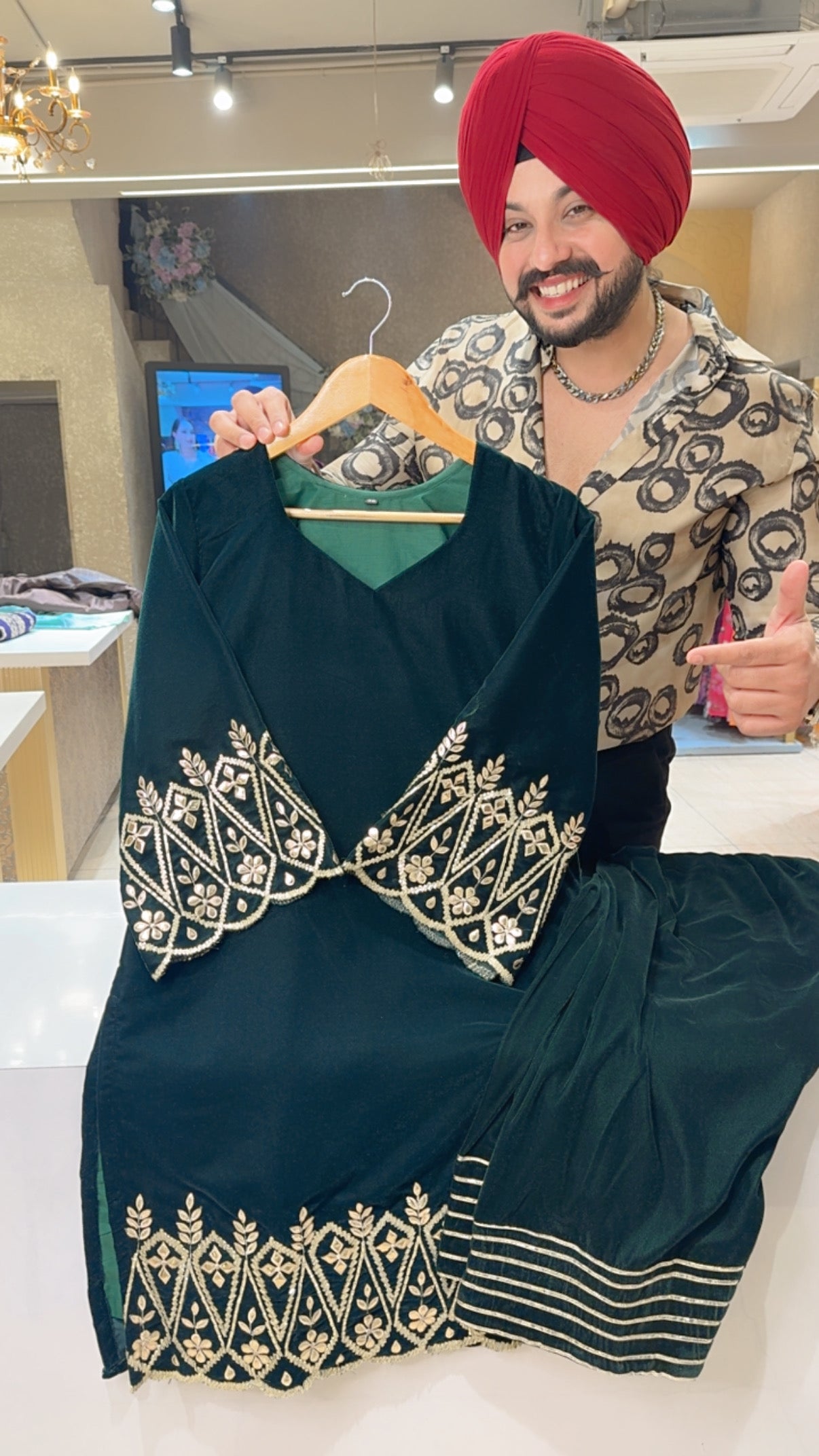 Bottle Green Premium Velvet Farshi Salwar Set with Heavy Gotta Embroidered work on neck & Border