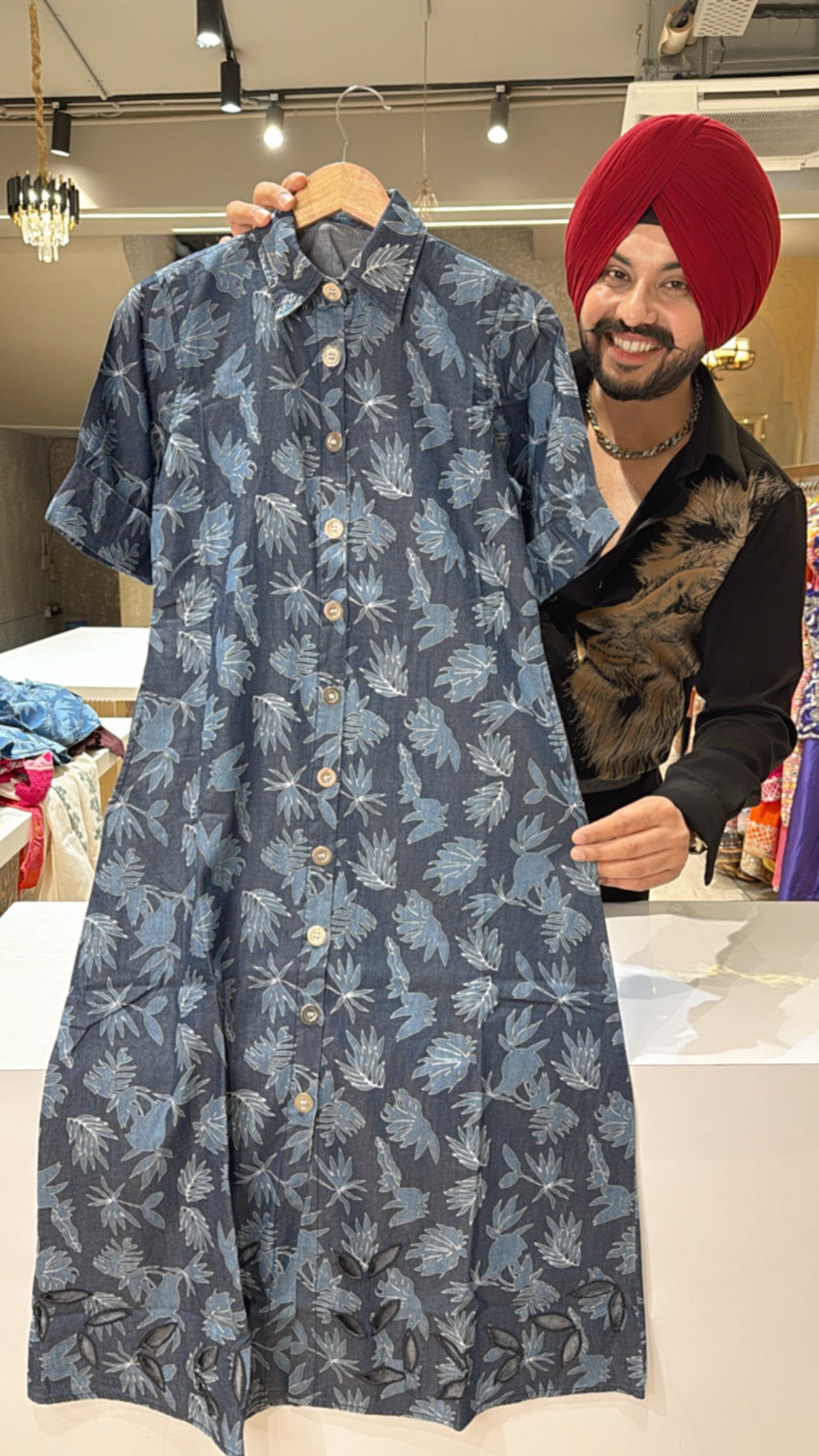 Dark blue Soft Denim mid length Half Sleeves Western Dress with Beautiful Cut work on border