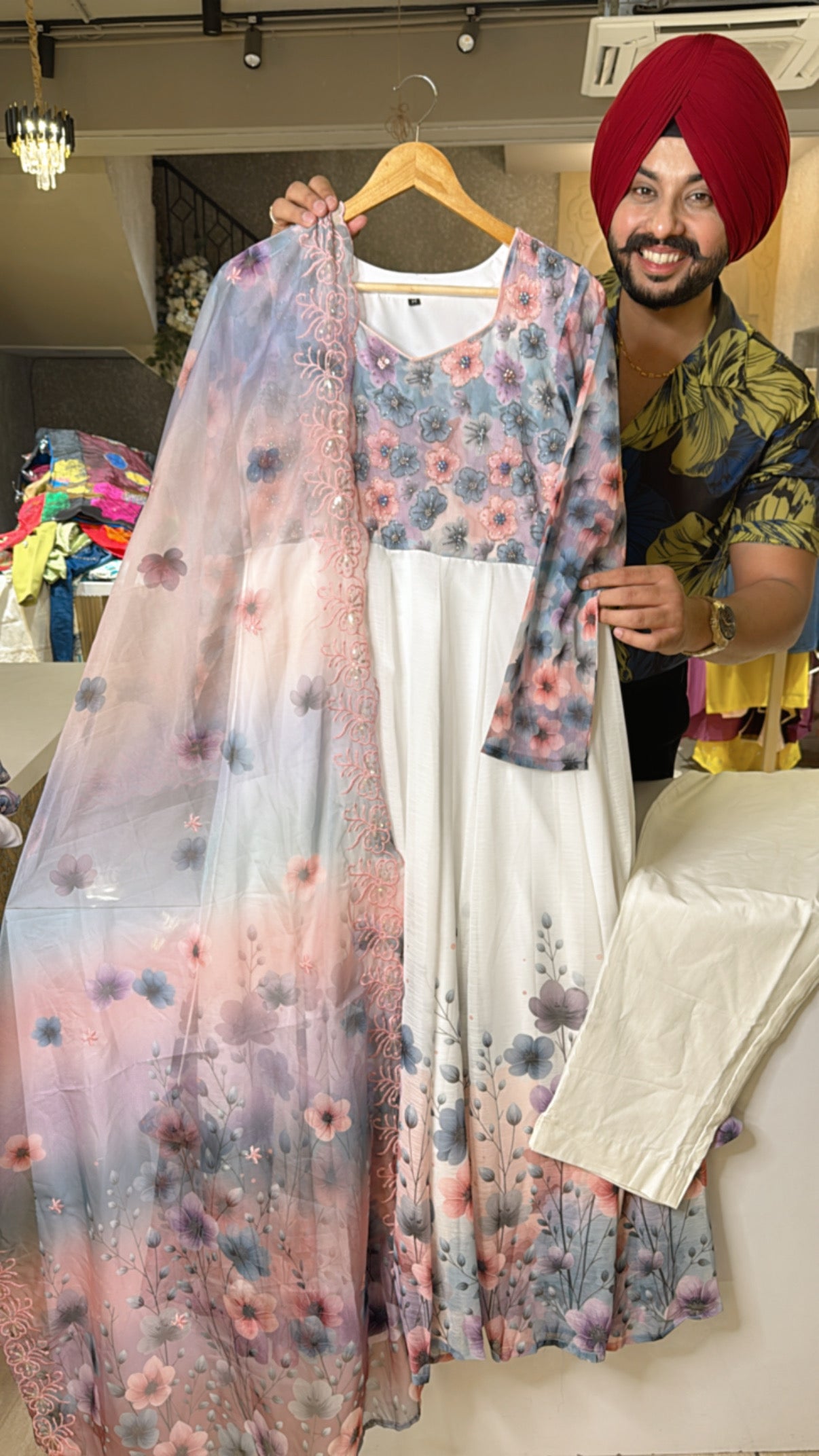 Moon White & Multicolored Soft Chiffon Summerish Floral Anarkali suit with Hand Embroidery work on neck