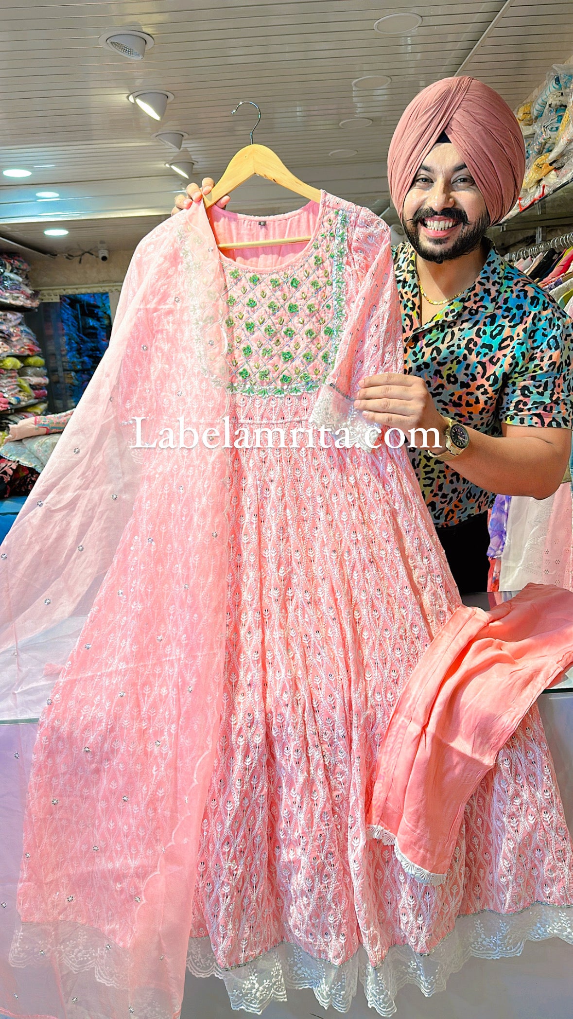 Pink Georgette Fully embroidered Anarkali suit with Beautiful handwork on neck