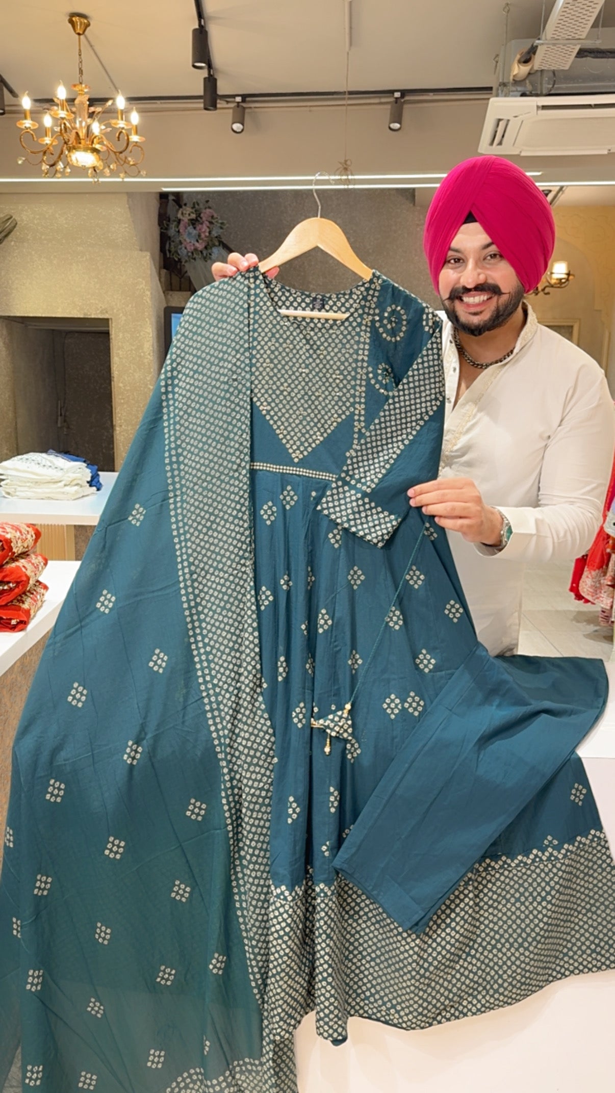 Dark RamaGreen Pure Cotton Bandhej Print Full Flair Anarkali Suit