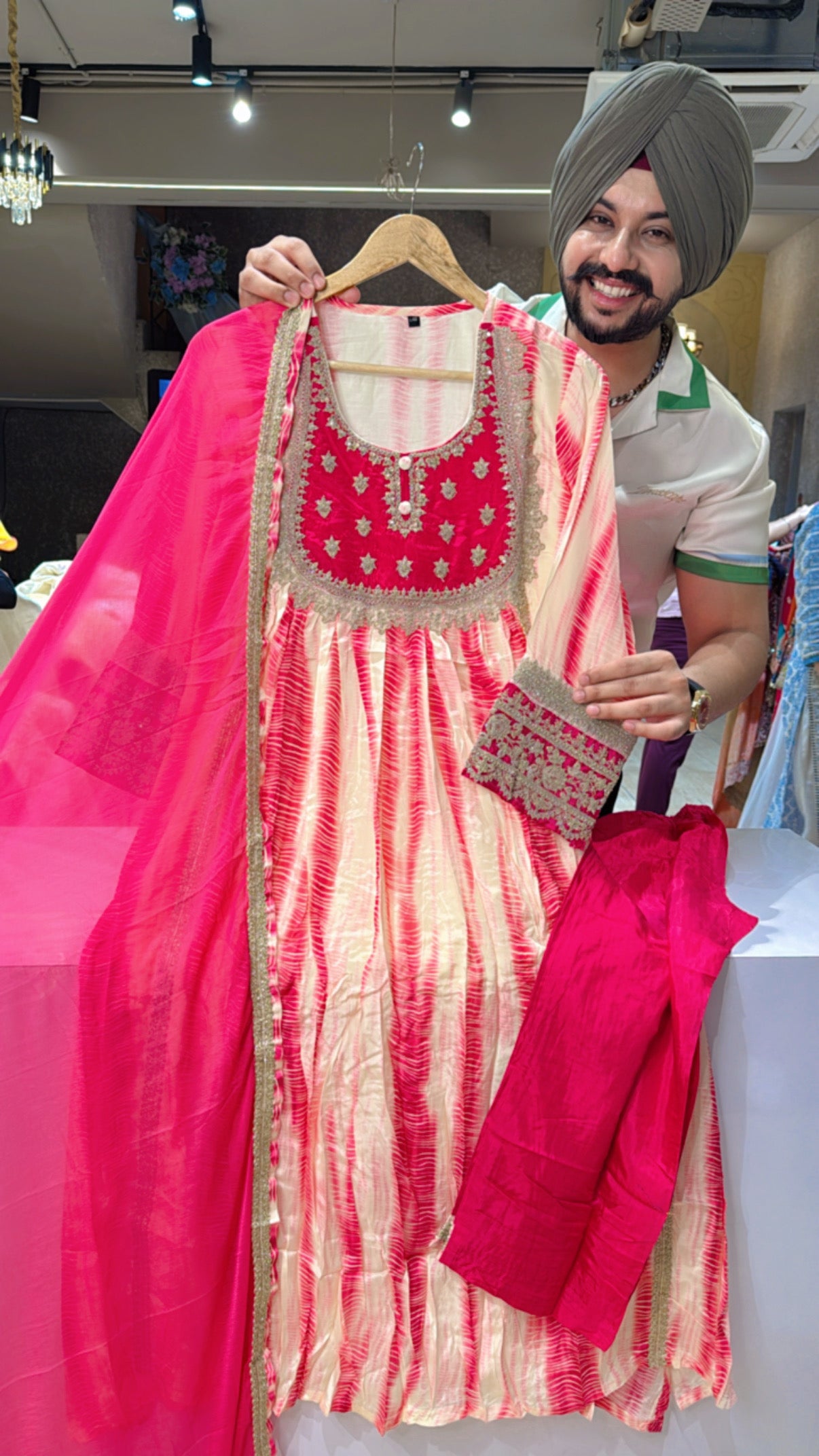 Cream & Hot Pink Crepe Tie & Die Aline suit with Beautiful Chiffon Duppata