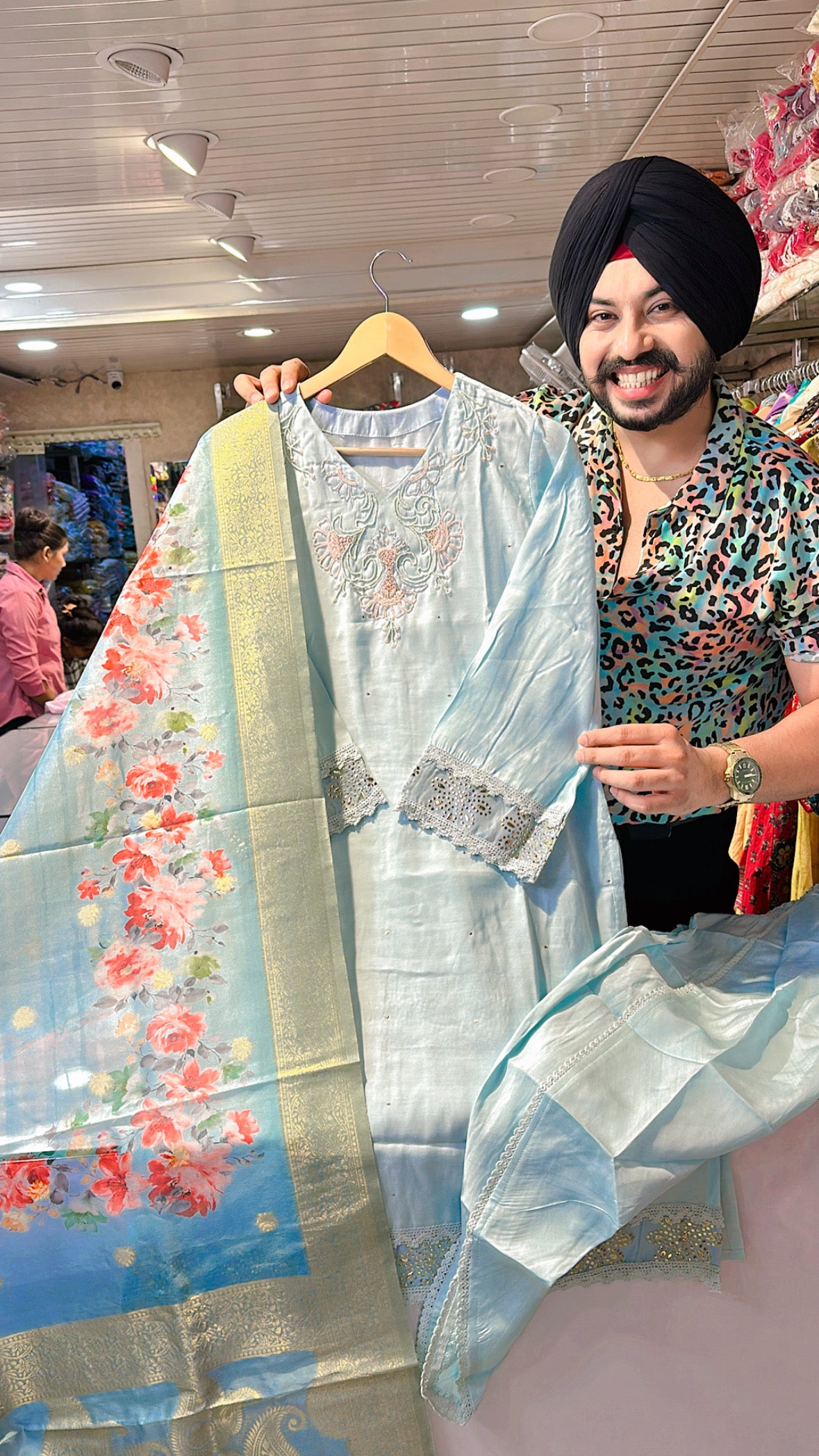 Light blue Roman Silk Handwork Suits with Stylish Tulip Pants & beautiful Duppata