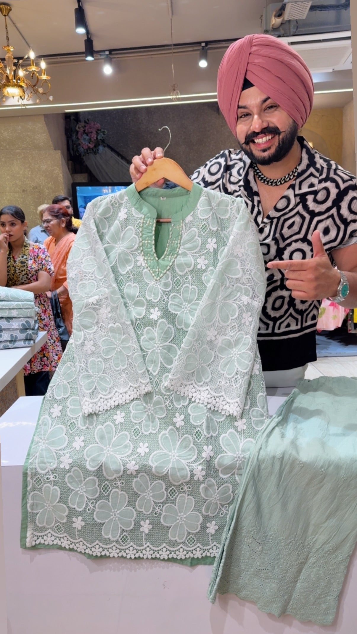 Pastel Green Cotton Designer Crochet Lace Coord set with Pearl Handwork on Neck & Chickenkaari pants