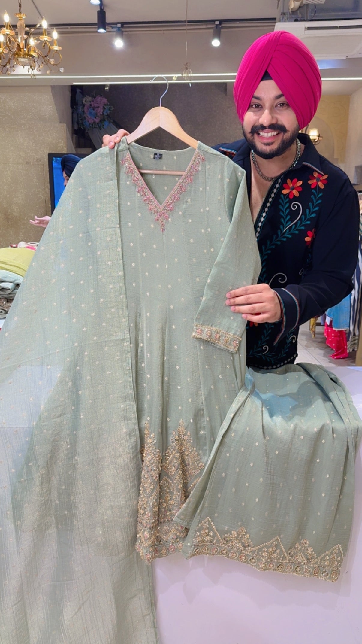 Pastel Green Shimmer Silk Hand embroidered Paplum Plazo Suit