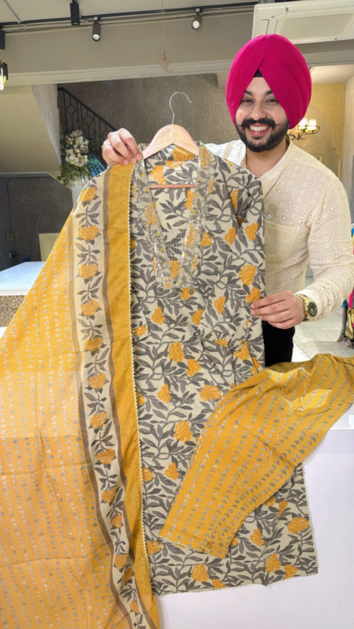 BeigeGrey & Mustard Pure Cotton Office Wear suit with Hand embroidery Work on neck