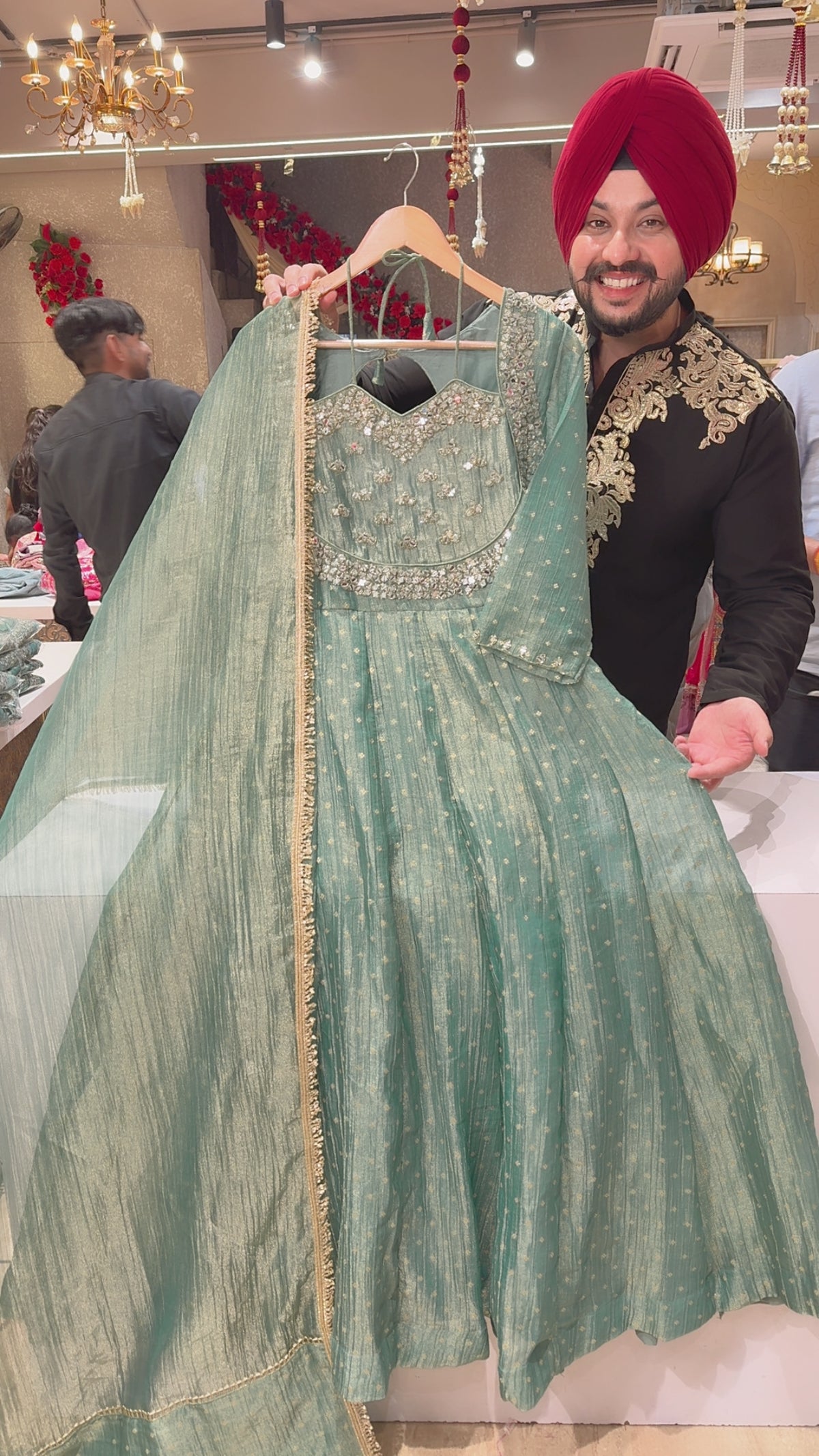 Seagreen Salsa Fabric Mirror Work Designer Front & Back Neck Partywear Anarkali Gown