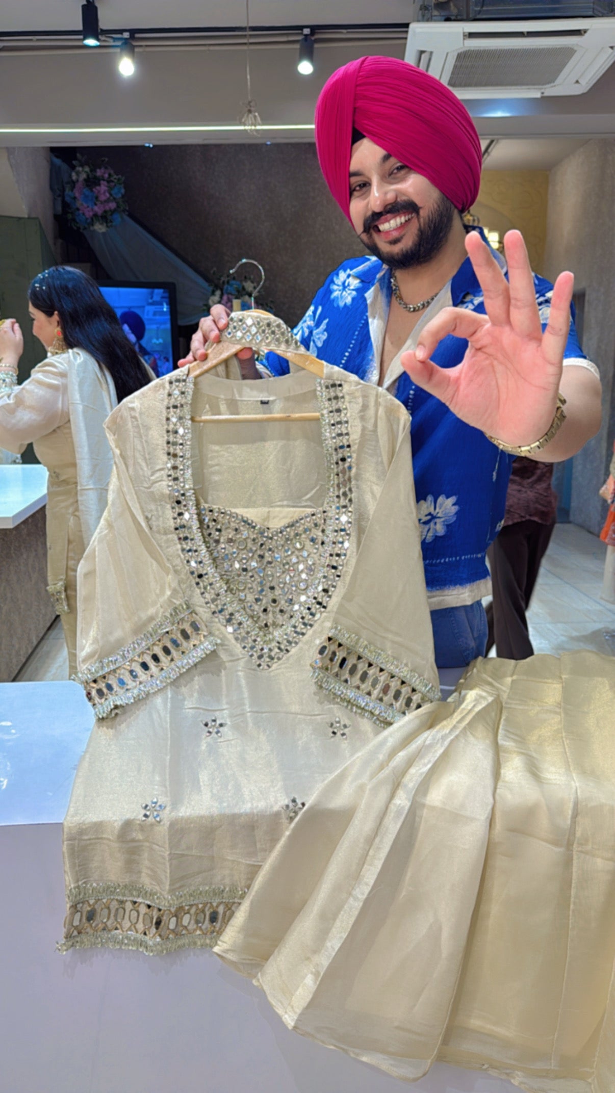 Ivory Gold Shimmer Silk Tissue Designer Bell Bottom Sharara Coordset with Heavy mirror work on it & Bustier