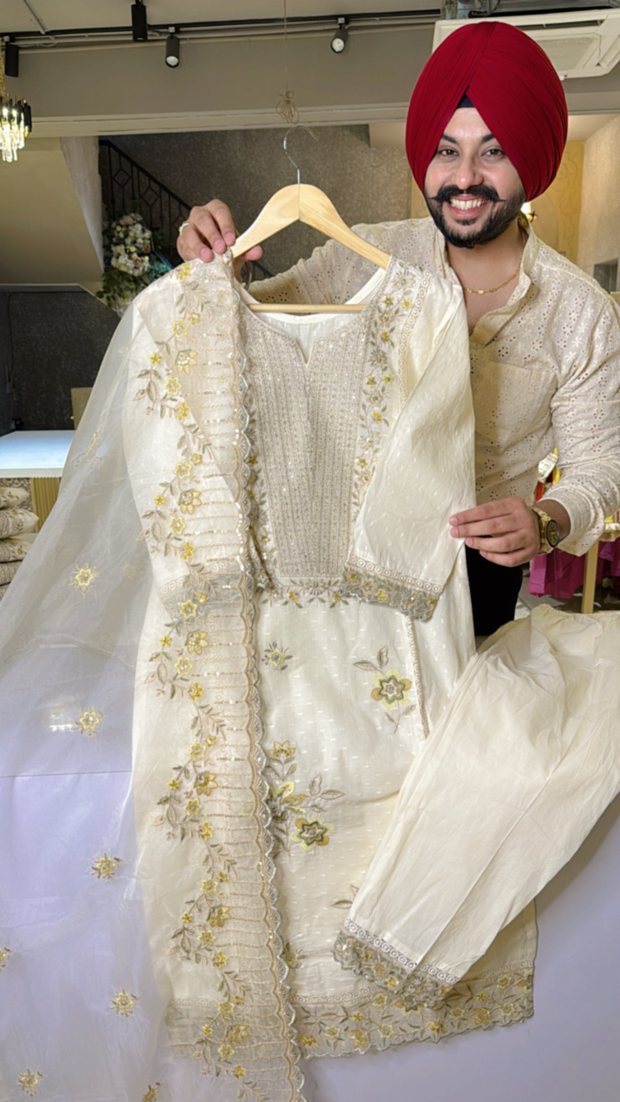 Cream & Lemon Kora Cotton Heavy Royal Pakistani Suit with Embroidered Organza Duppata