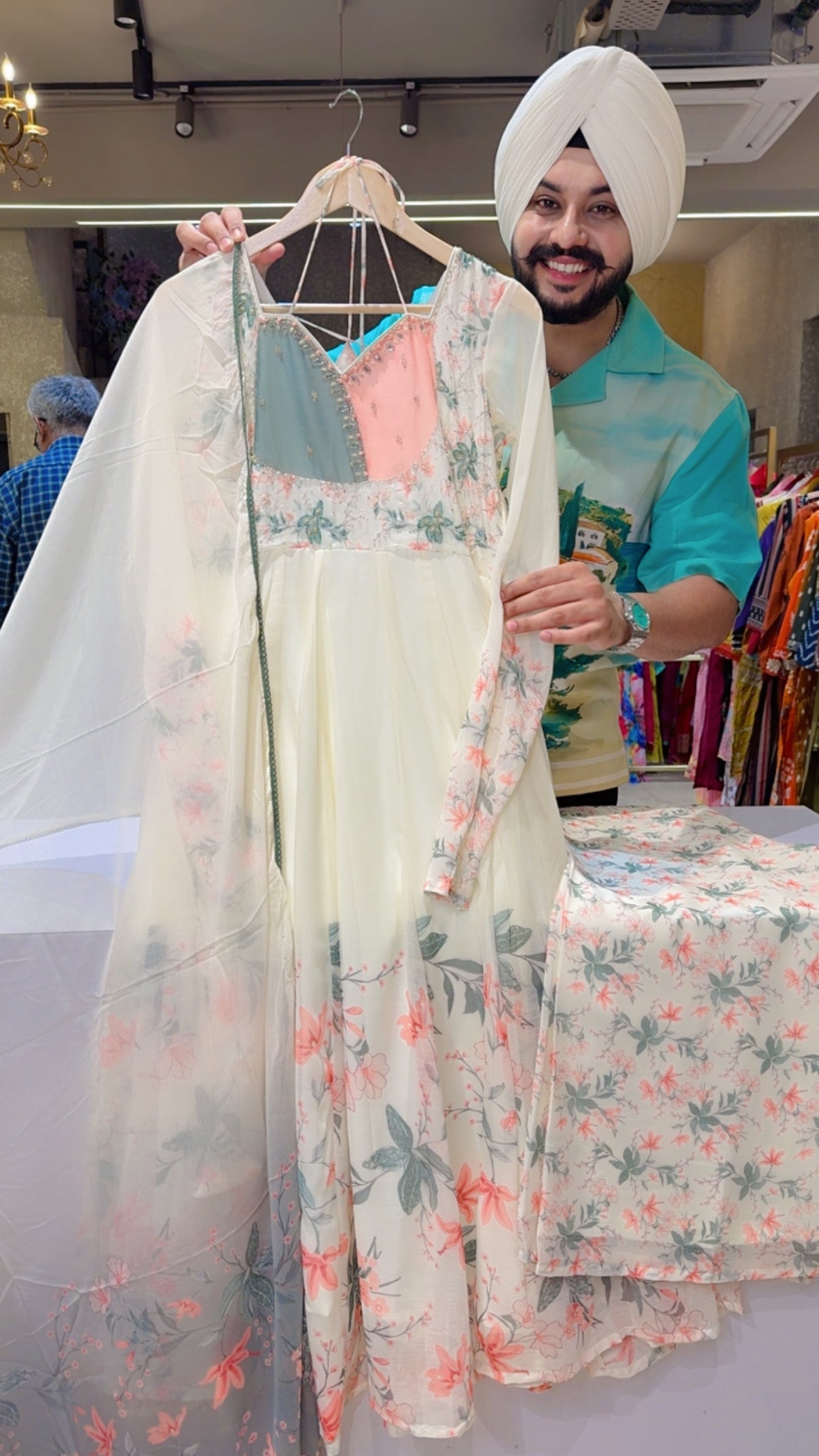 Cream & Pastel Multicolored Soft Chiffon Girlish Halter Neck Semi Backless Anarkali Suit with Beautiful Hand embroidery Work on Neck