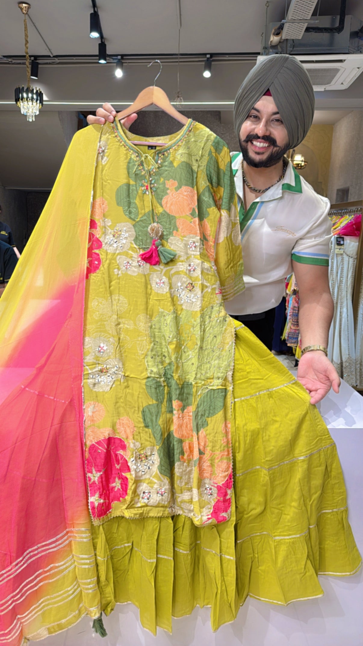 Lime Green Muslin silk Hand embroidered Attached Double layer Dress with beautiful Tie & Dye Duppata