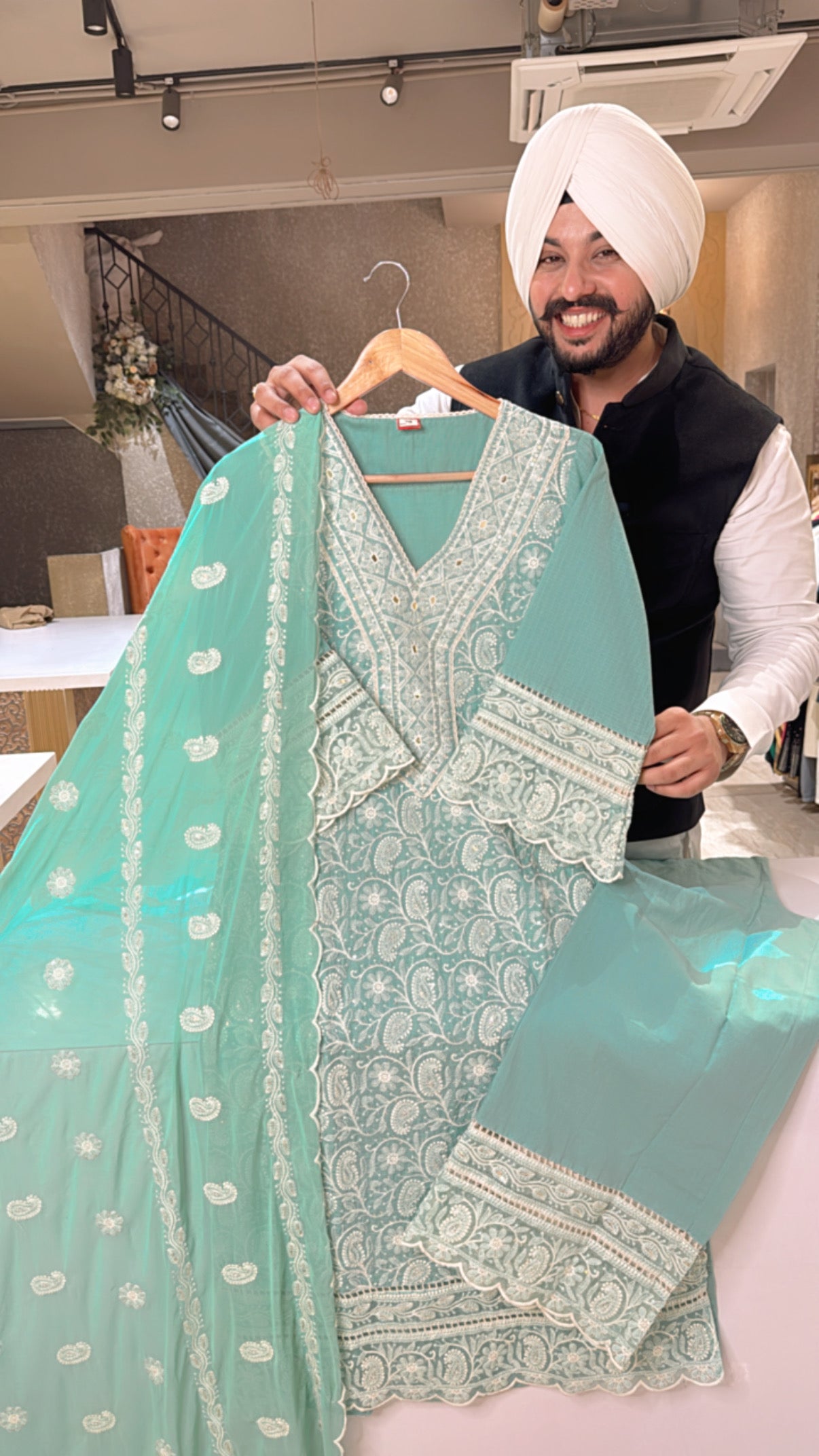 Sea Green pure Cotton Heavy embroidered Pakistani Suits with Heavy Duppata