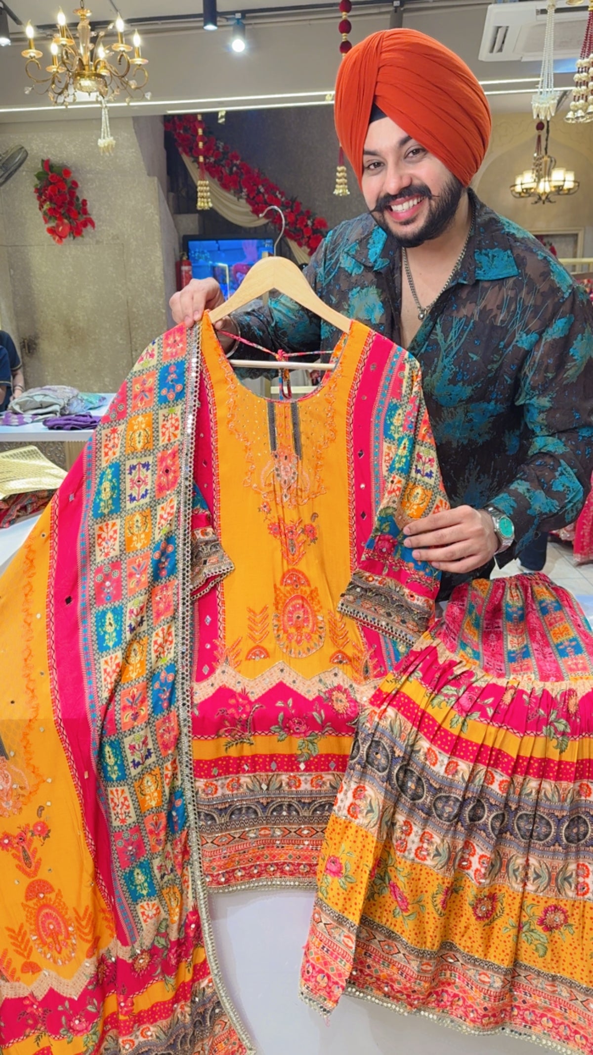 Yellow & Multicolored Musin Silk Hand Embroidered & Mirror Pasting Full Flair Garara Suit