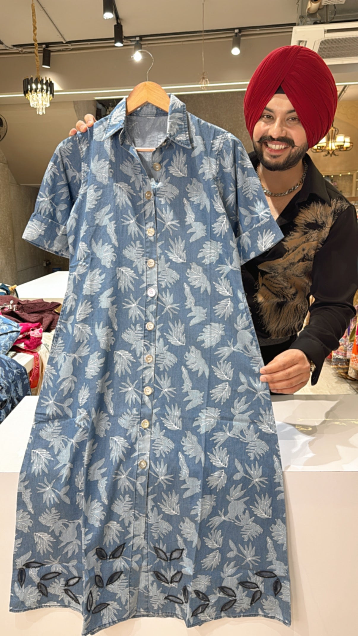 Light blue Soft Denim mid length Half Sleeves Western Dress with Beautiful Cut work on border