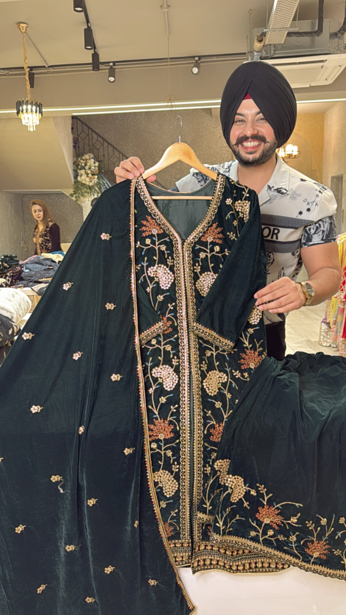 Green Velvet Heavy Embroidered Front & side Slit Azaaro set with Beautiful Duppata