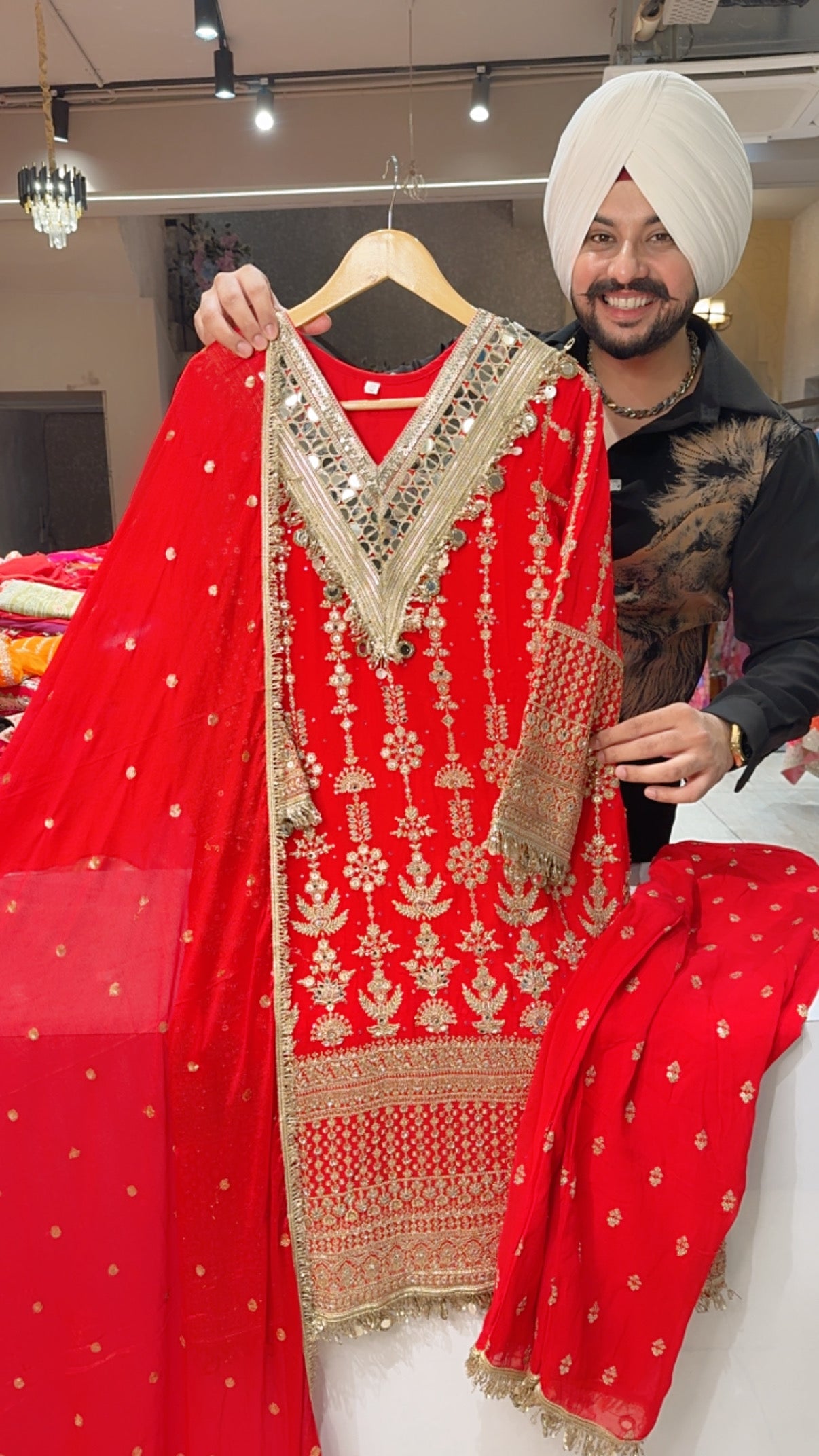 Red Georgette Heavy Embroidered Straight Suit with Mirror work on neck ,embroidered Pants & Beautiful Duppata
