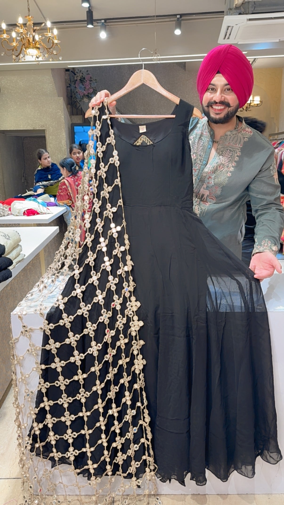 Black Georgette Backless Anarkali Gown with Heavy Designer Lace Duppata