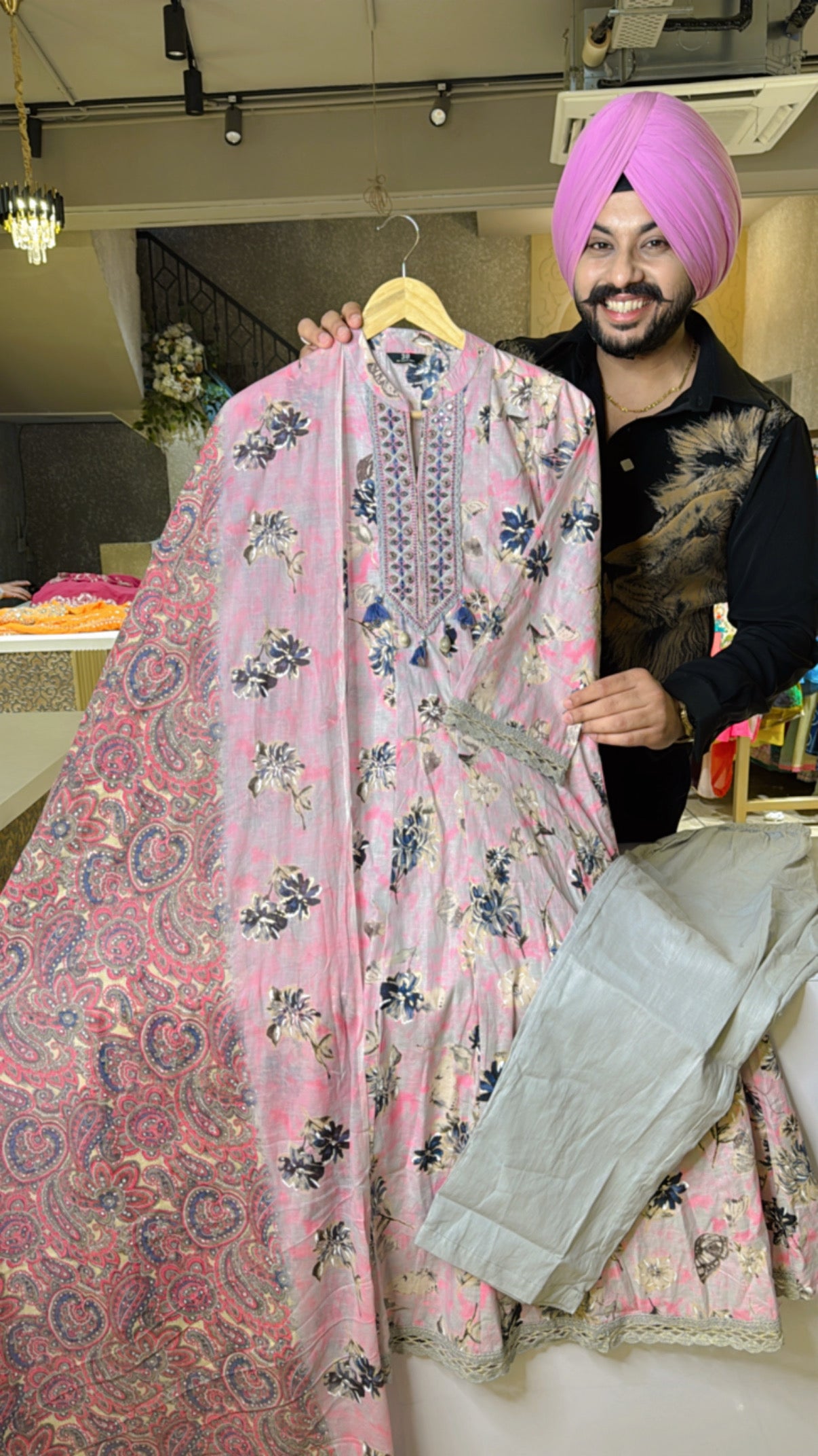 Light Grey & pink Pure Cotton Anarkali suit with Beautiful Duppata