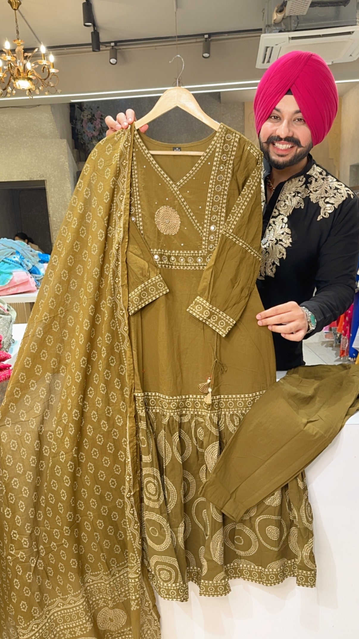 Mehendi Green Bandhej Print Pure Cotton Semi formal Anarkali suit