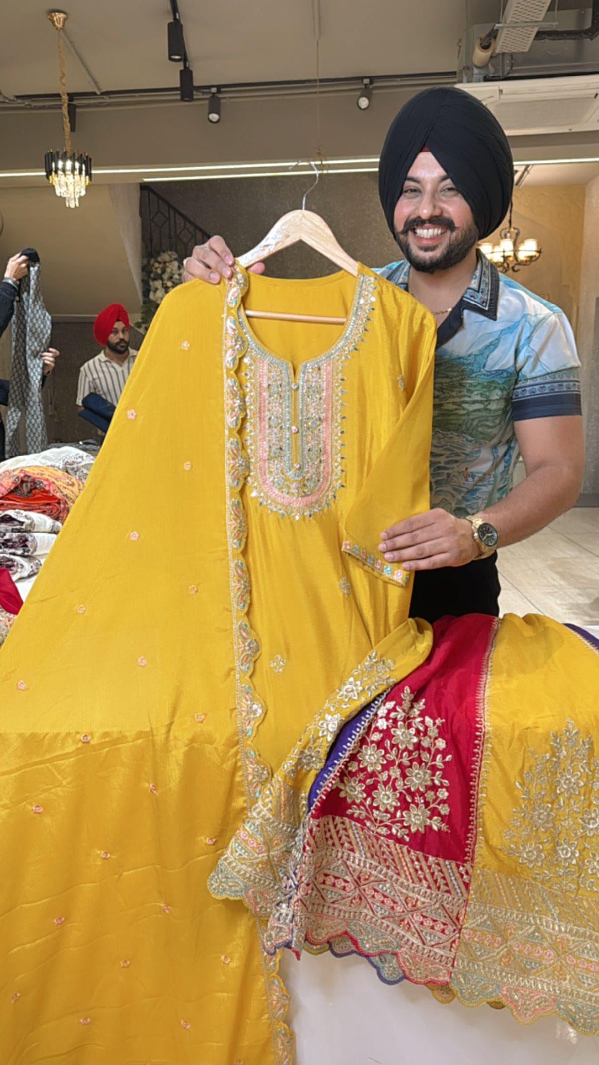 Yellow Chinon Full Flair Skirt set with Heavy embroidery Work on multicolor Skirt