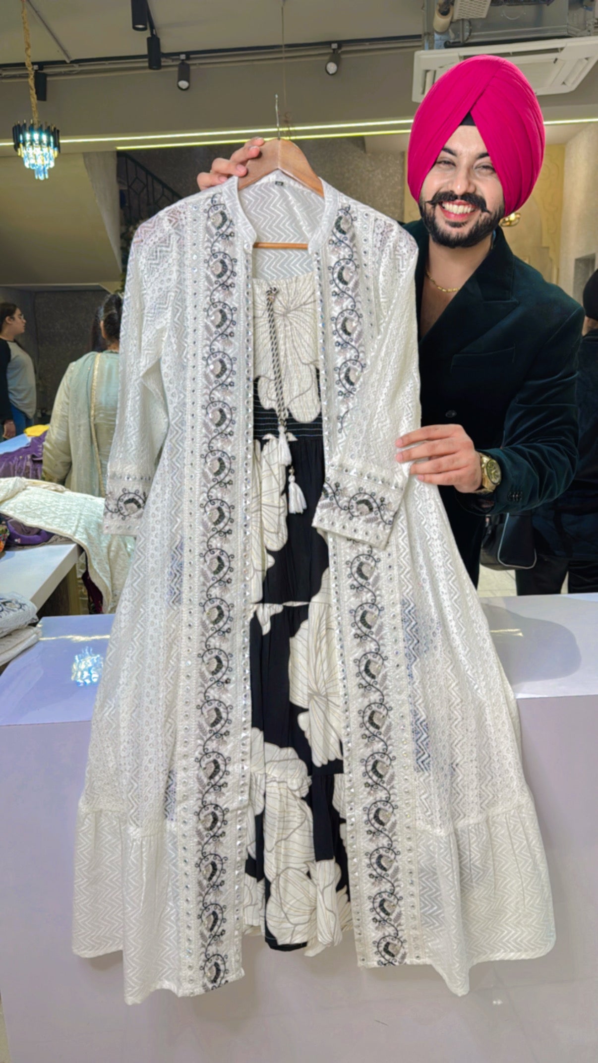 Black & white Rayon Indowestern Dress with Cotton Crochet lace & embroidered shrug