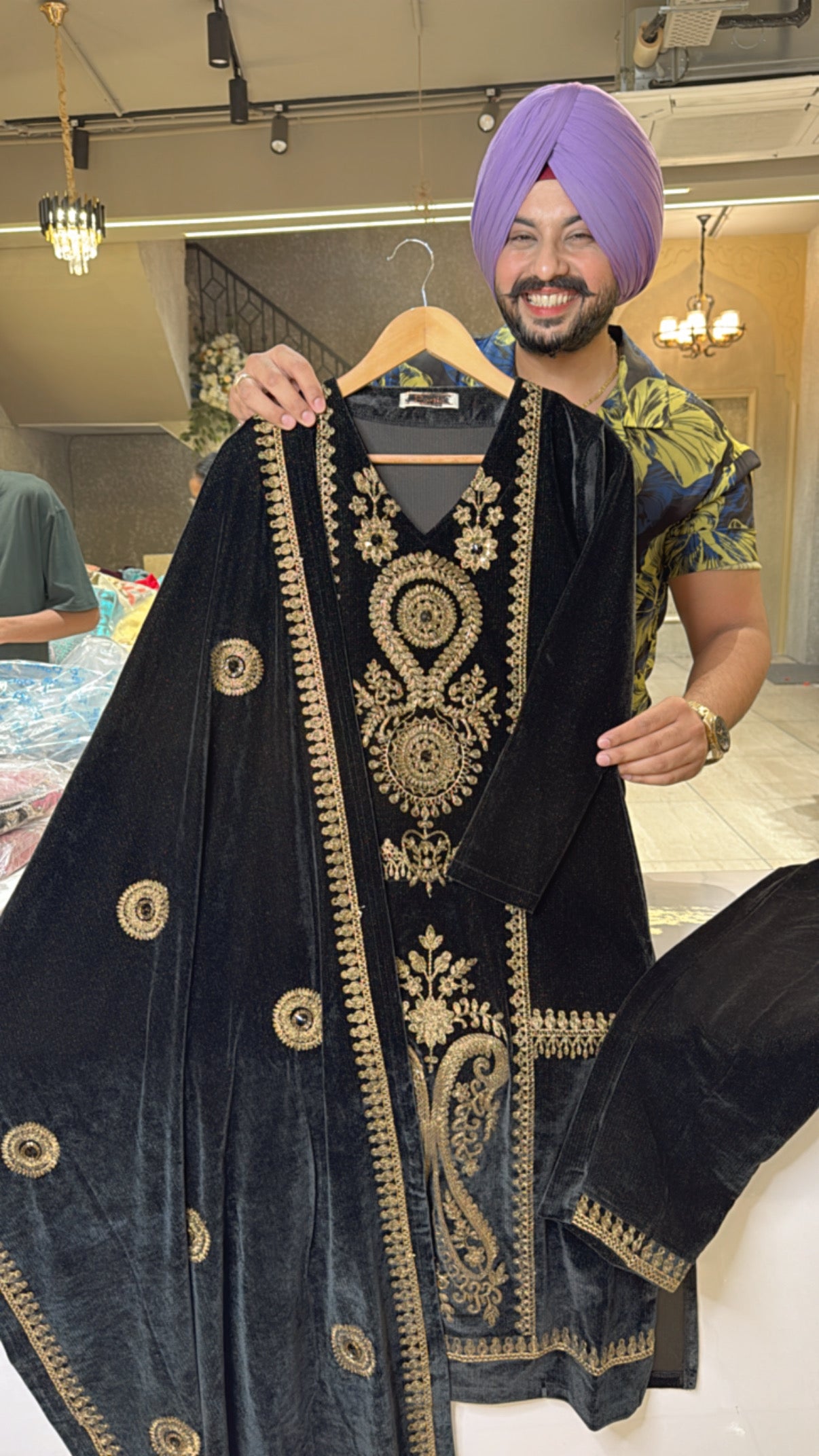 Black cotrise Velvet Strechable Straight Heavy embroidered Suit