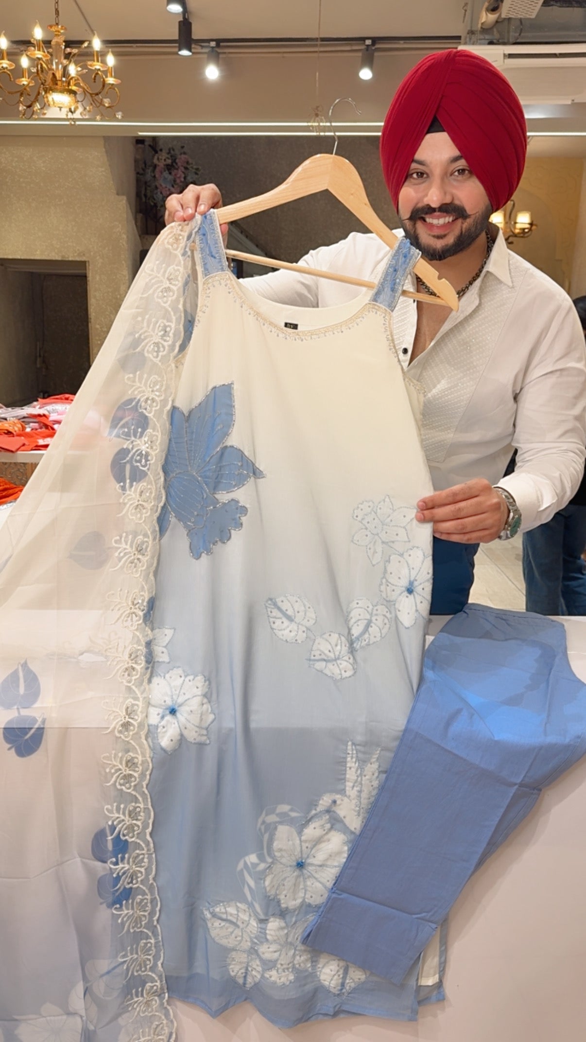 Powder Blue Premium Chiffon Girlish Hand embroidered Strap Cut Sleeves Suit with Soft Organza Duppata