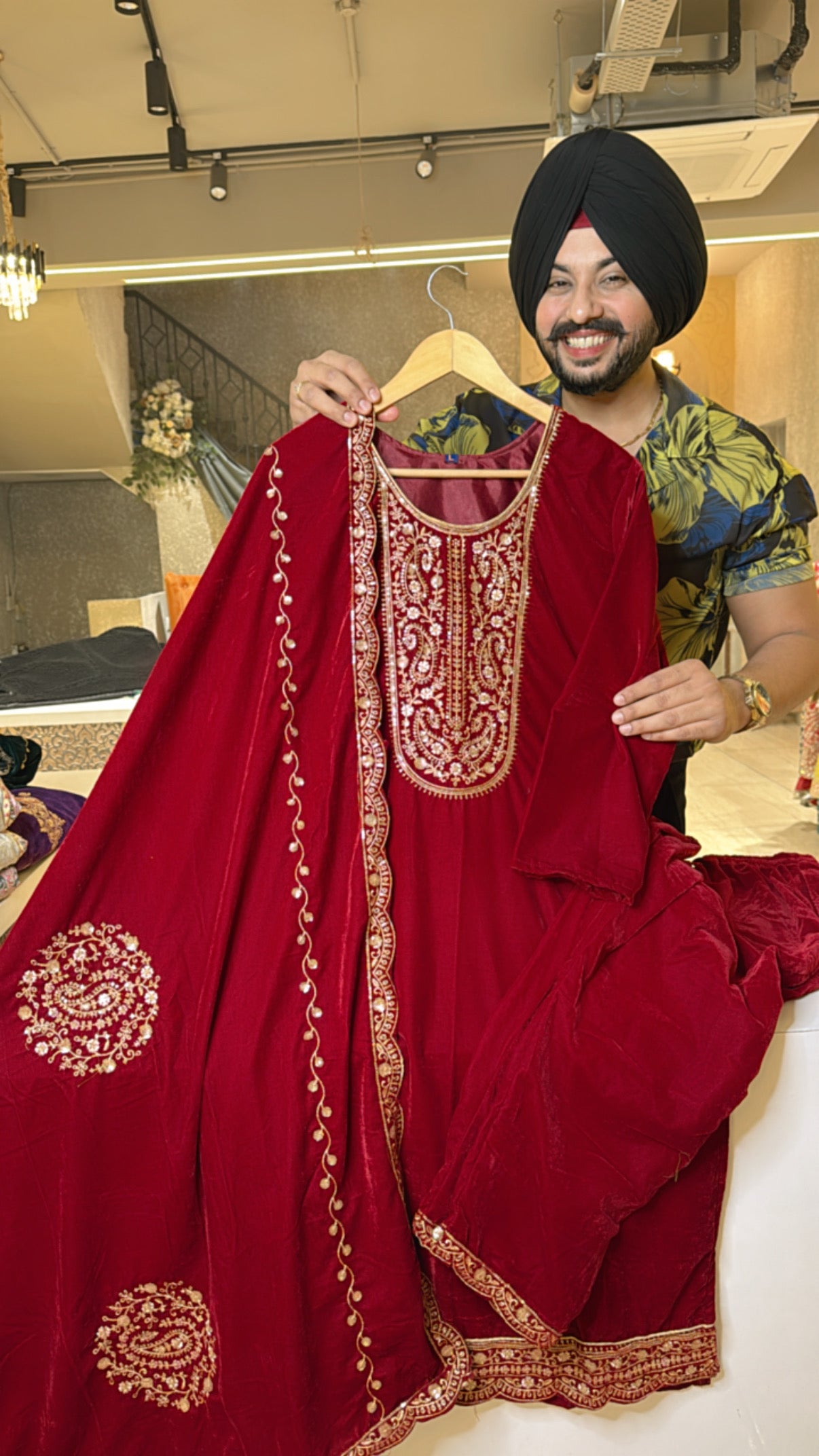 Reddish Maroon premium Velvet party wear Straight Suit with Heavy embroidered Duppata