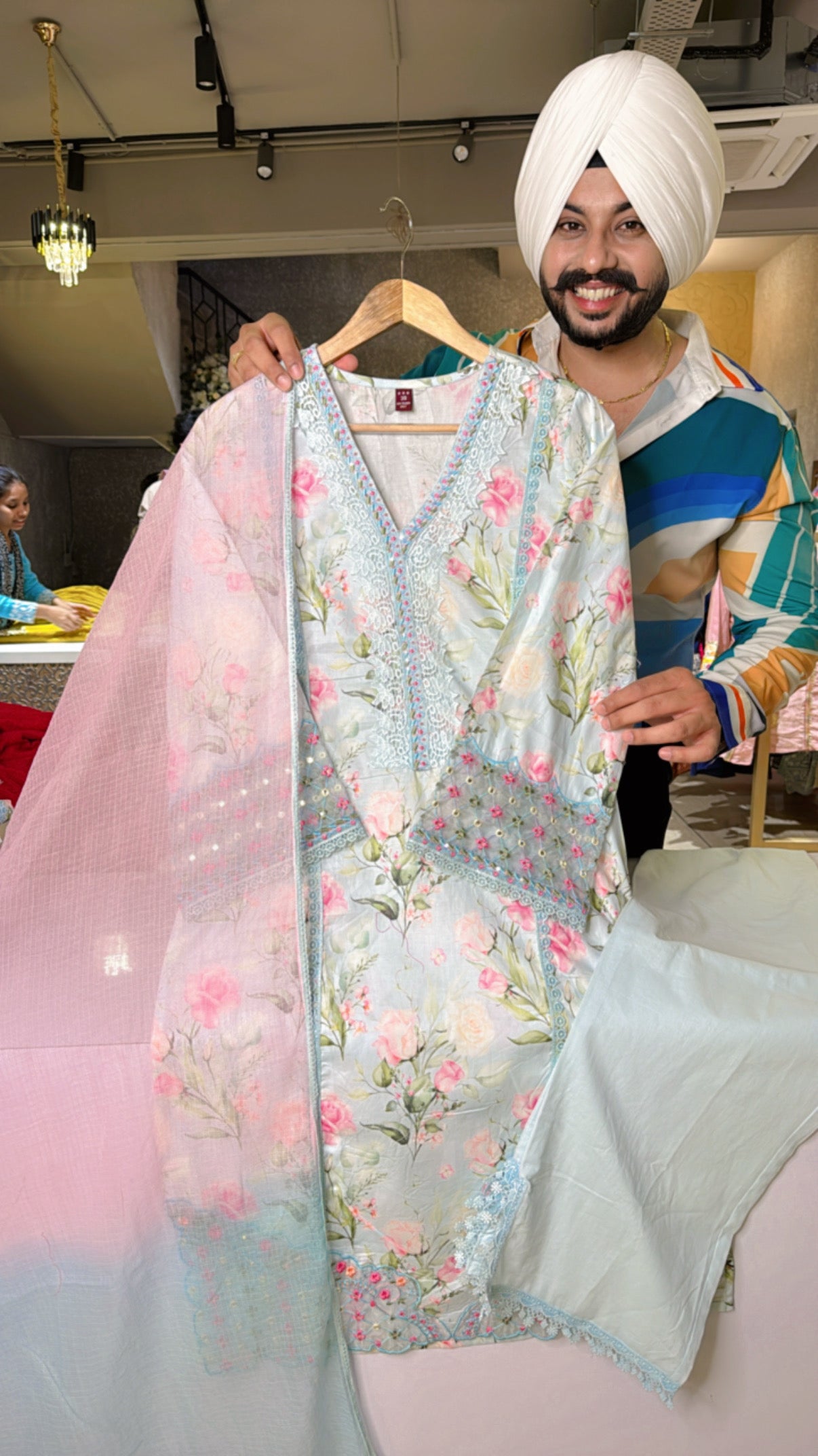 Pastel Blue Floral Print Pure Cotton Embroidered Pakistani Suit with Kota Doria Dupatta