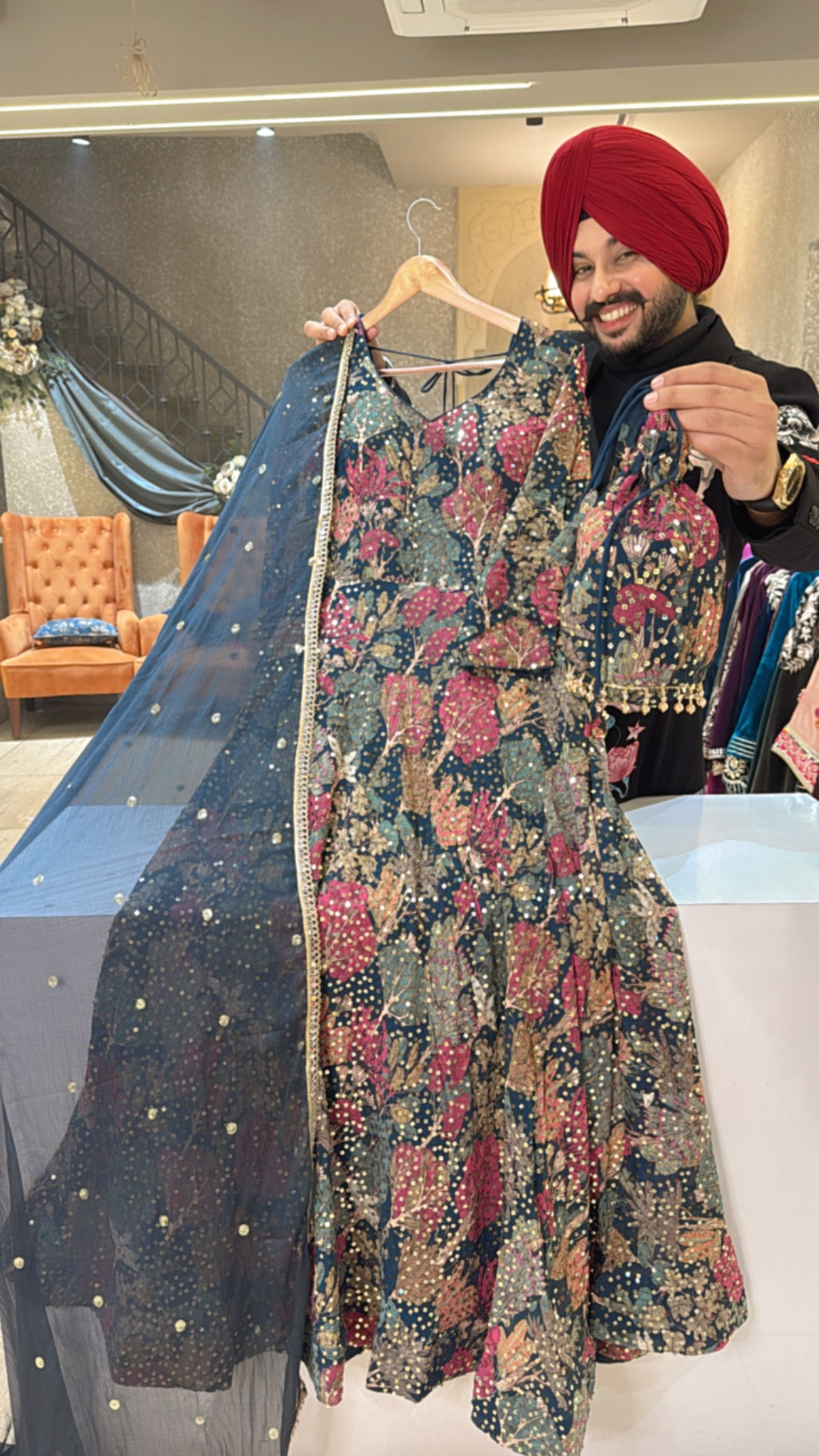 Blue & Multicolored Heavy sequins work Anarkali gown with Polti & beautiful Duppata